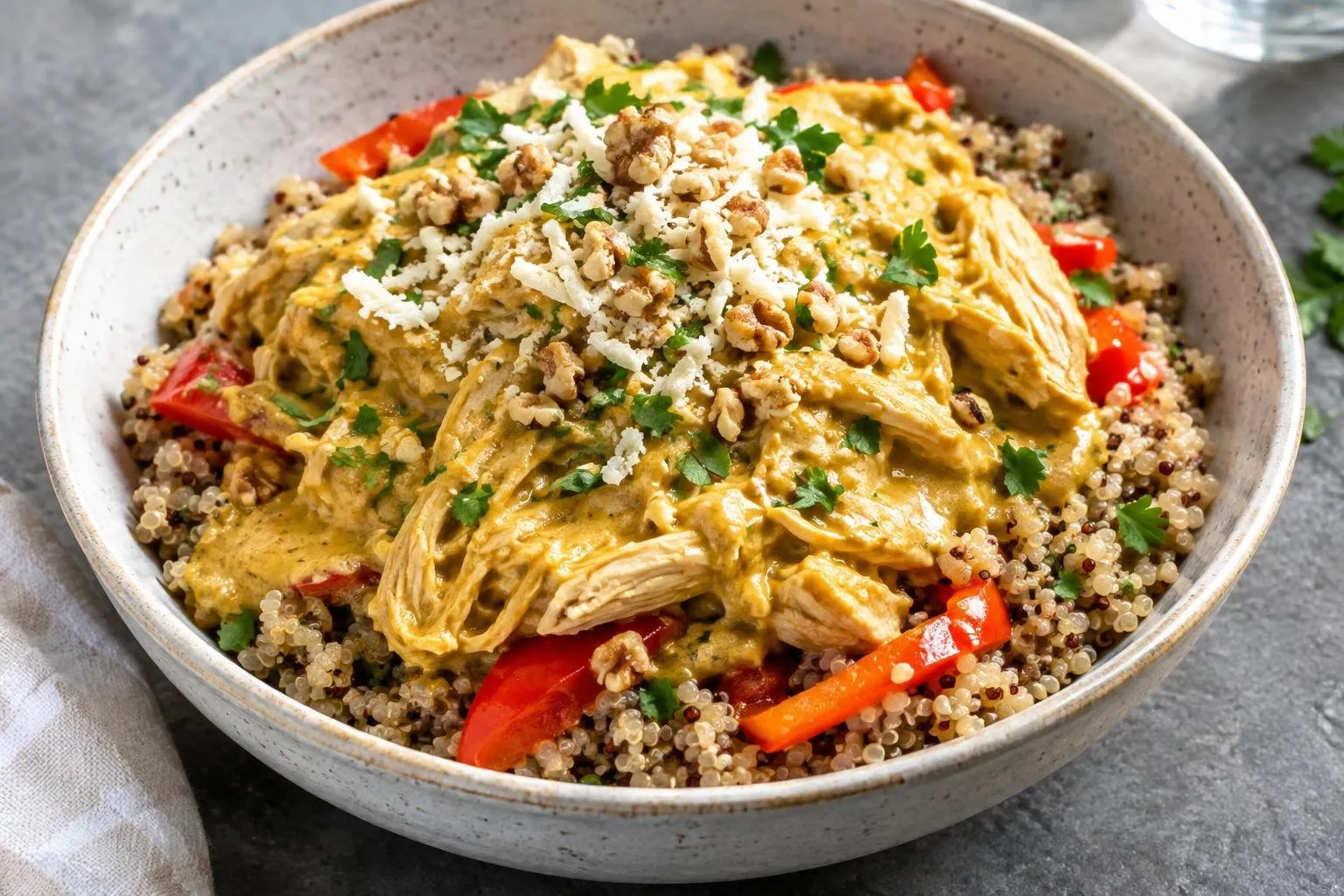 Slow-Braised Peruvian Aji de Gallina with Quinoa Grain Bowl plated and ready to serve