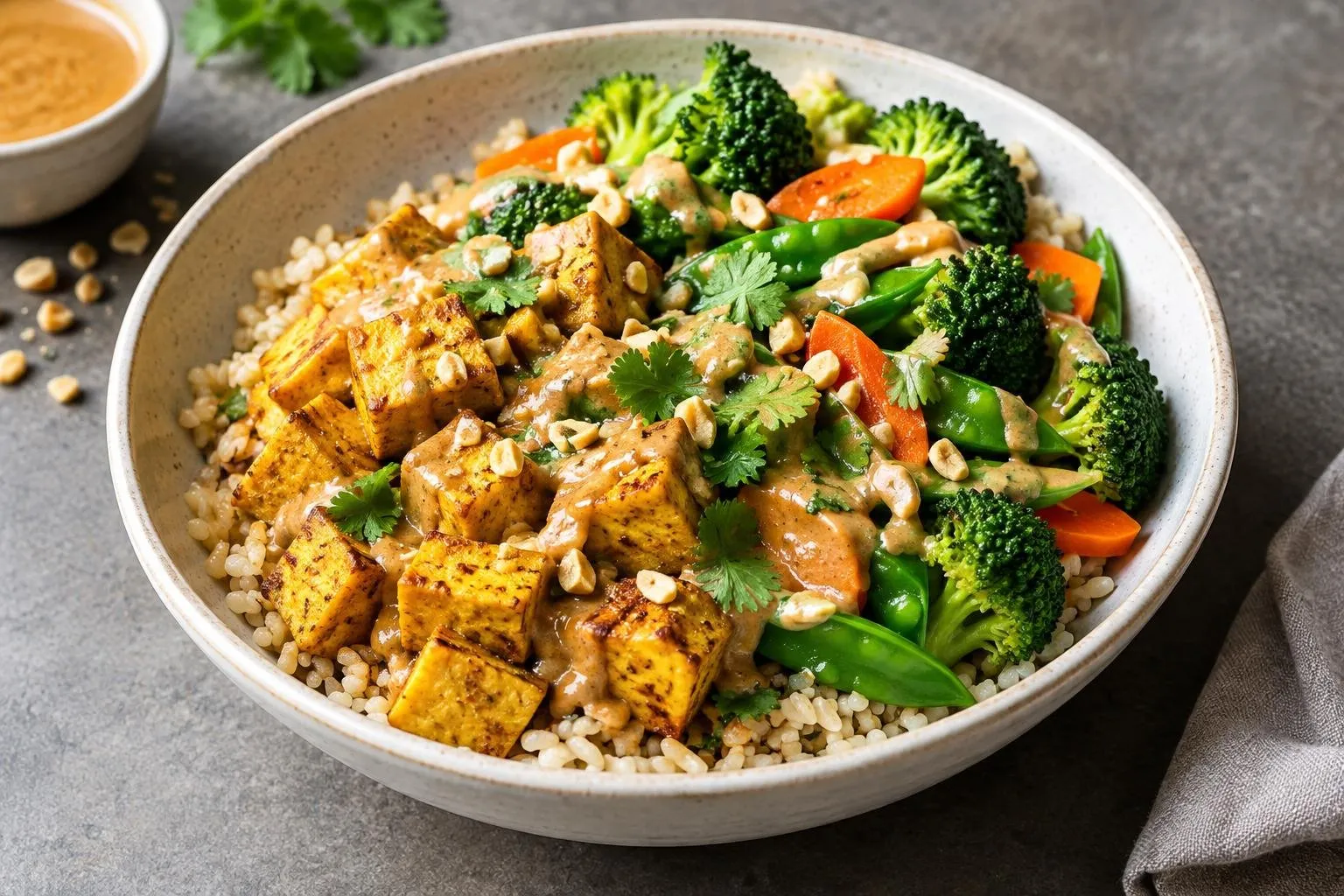 Indonesian Spiced Tofu Grain Bowl with Steamed Vegetables plated and ready to serve