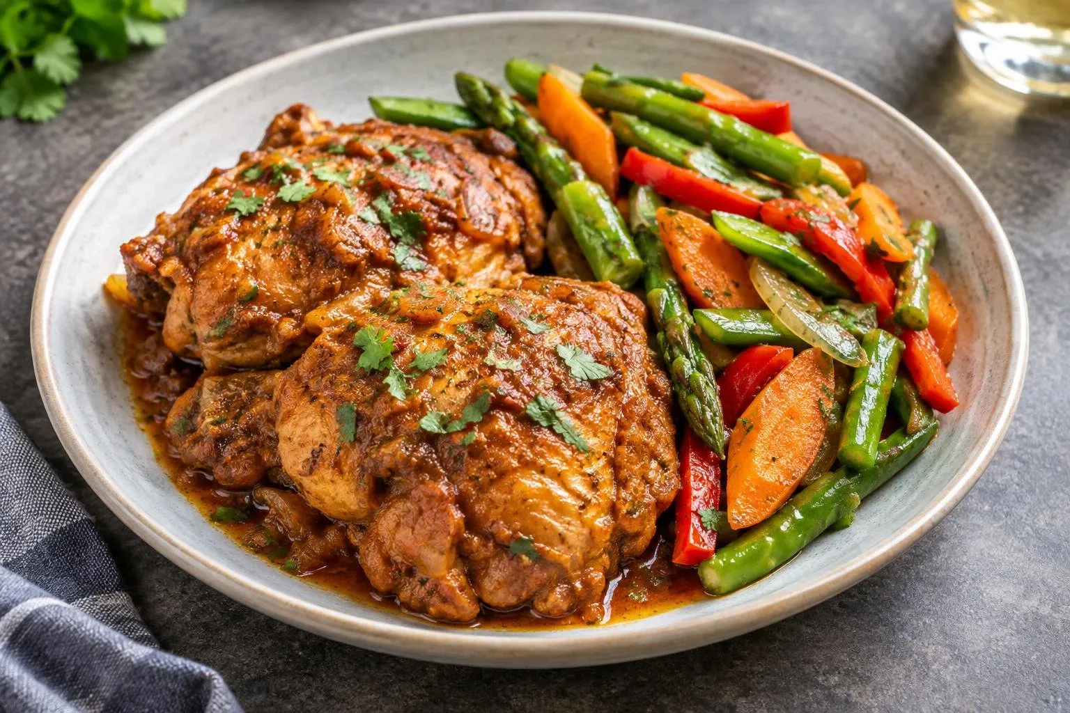 Pressure-Cooked Peruvian Adobo Chicken with Seasonal Vegetables plated and ready to serve