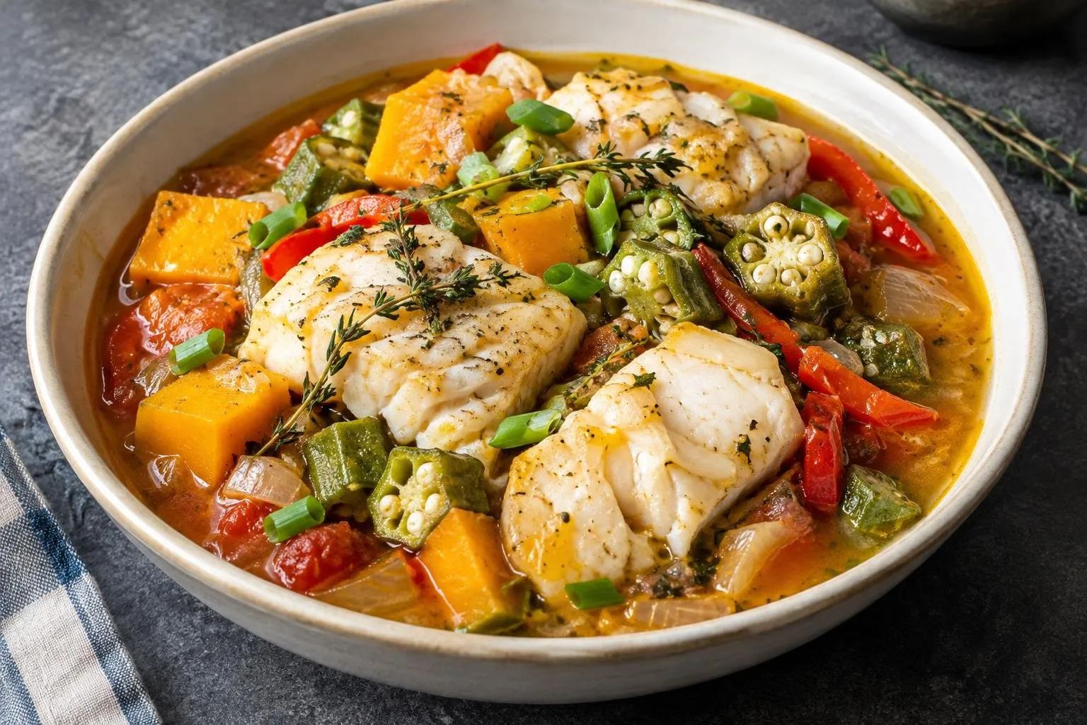 Caribbean Fish Stew with Seasonal Vegetables plated and ready to serve