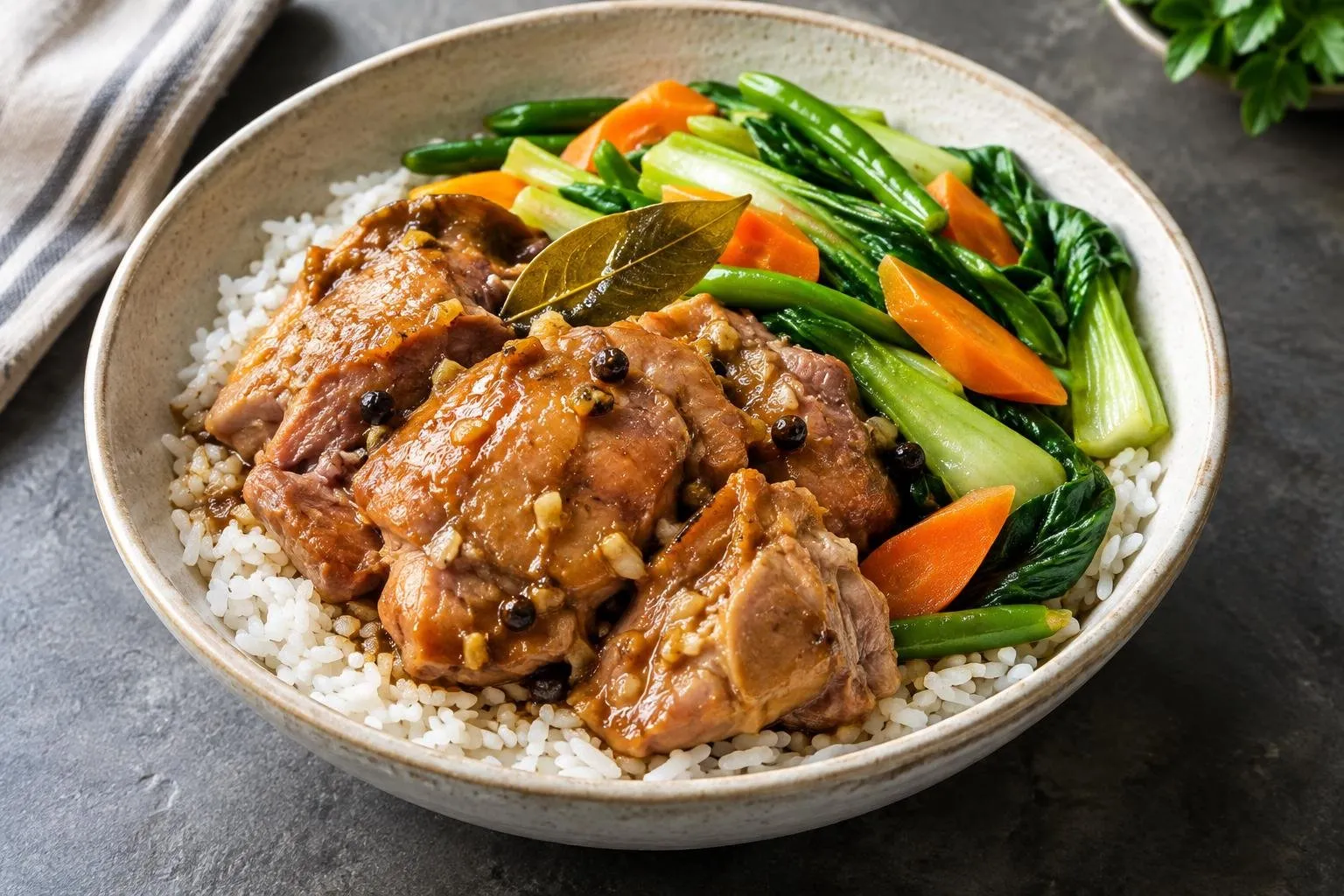 Filipino Steamed Chicken Grain Bowl with Seasonal Vegetables plated and ready to serve