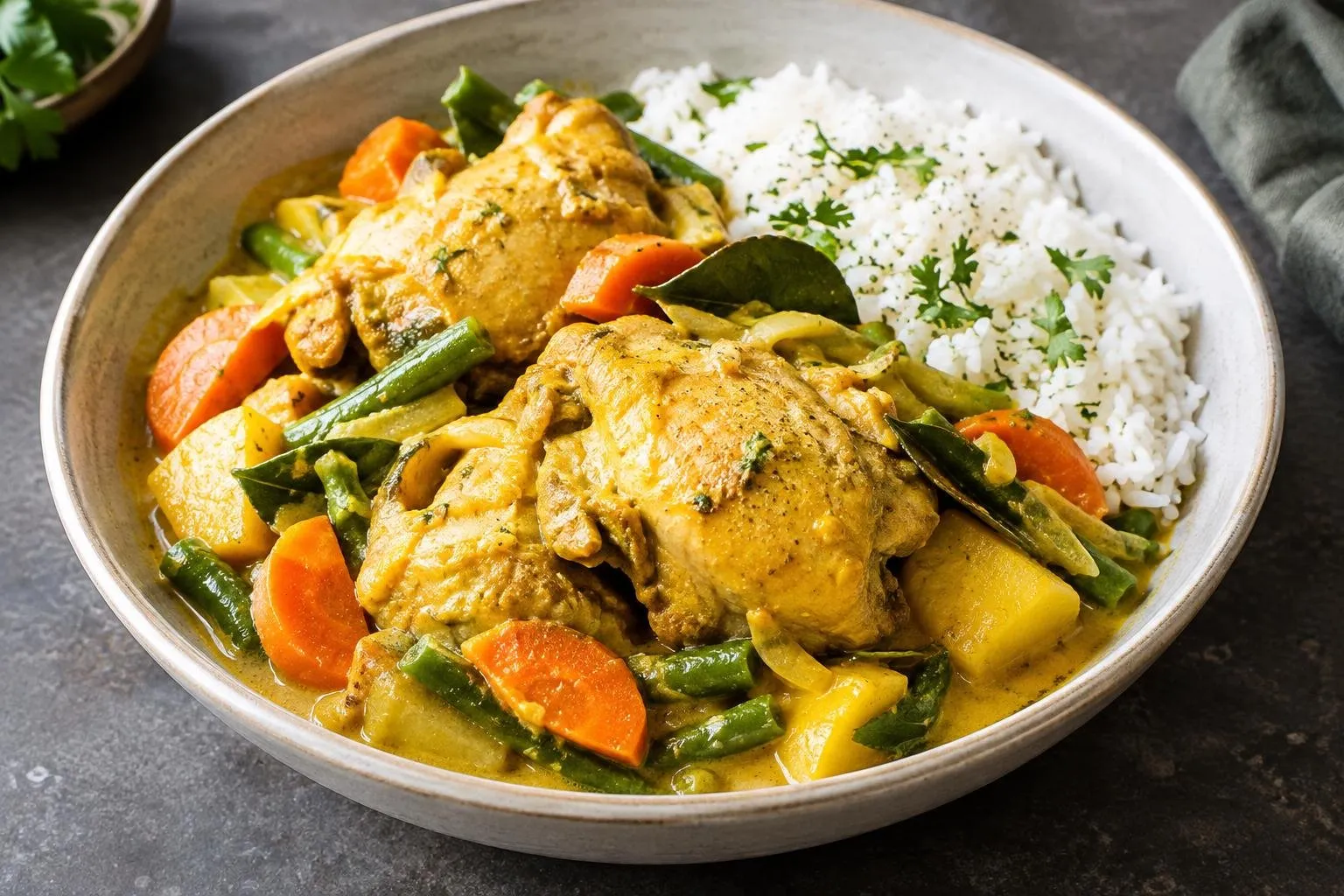 Indonesian-Style Pressure-Cooked Chicken Braise with Coconut and Turmeric plated and ready to serve