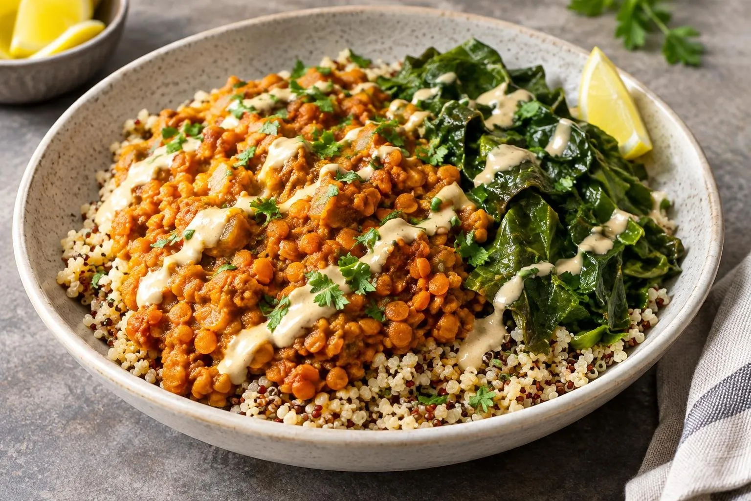 Ethiopian-Inspired Spiced Lentil Grain Bowl with Steamed Greens plated and ready to serve