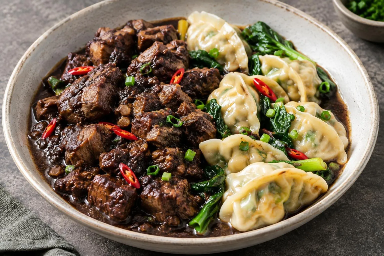 Pressure-Cooked Filipino Pork Dinuguan with Seasonal Vegetables Dumplings plated and ready to serve