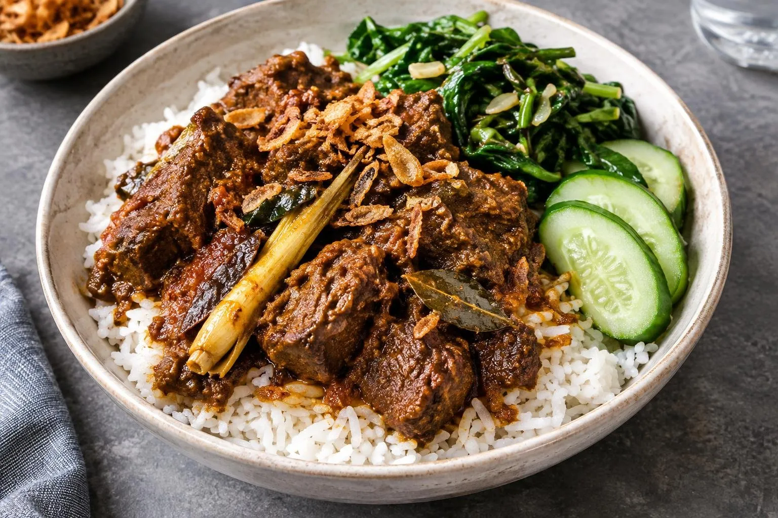 Indonesian Slow-Braised Beef Rendang Grain Bowl plated and ready to serve
