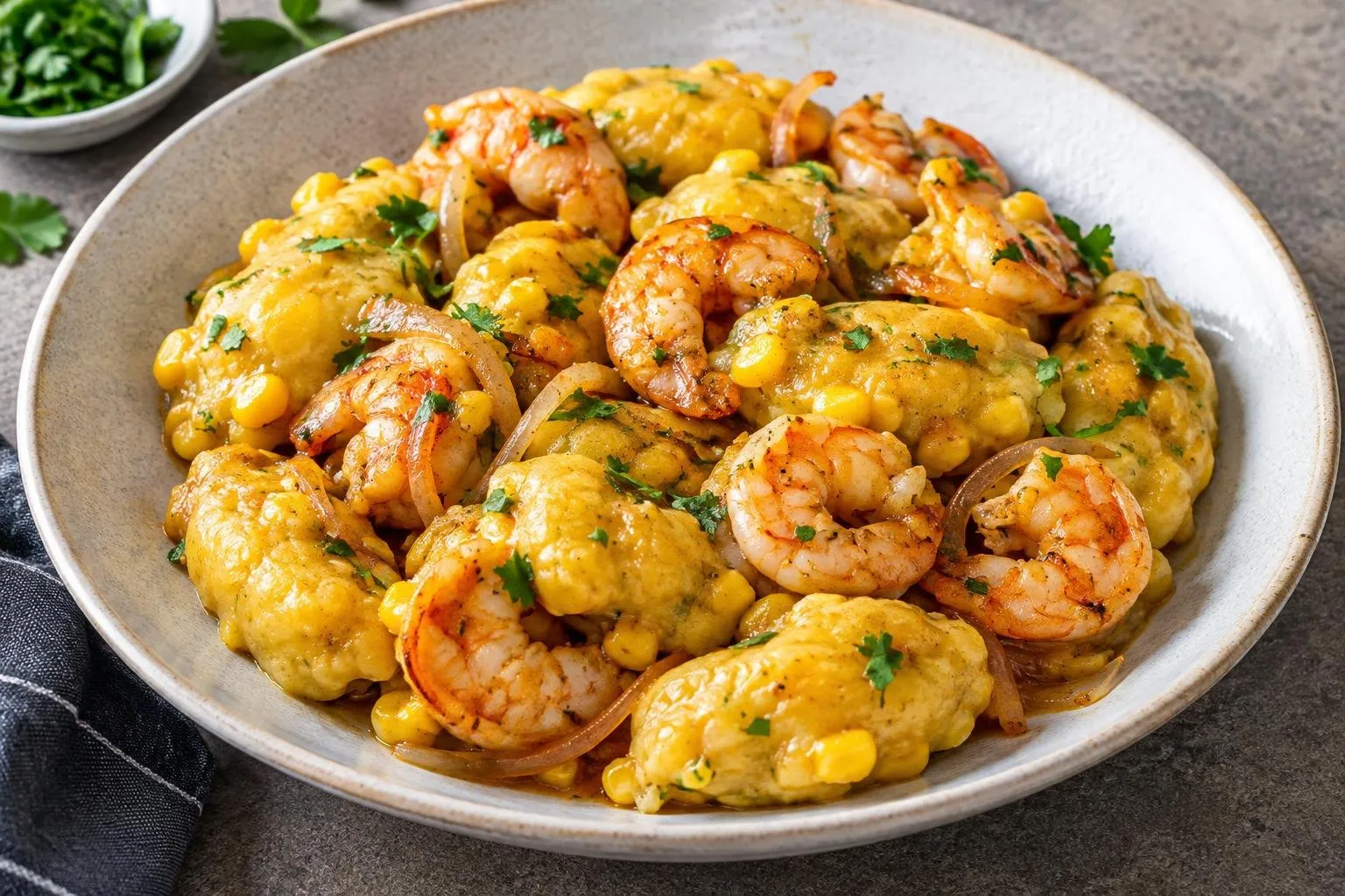 Peruvian Shrimps and Corn Dumplings plated and ready to serve