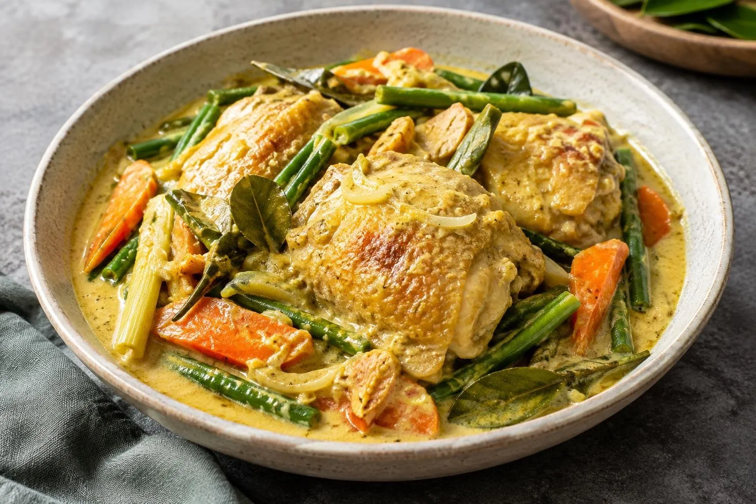 Indonesian Ayam Opor with Seasonal Vegetables plated and ready to serve
