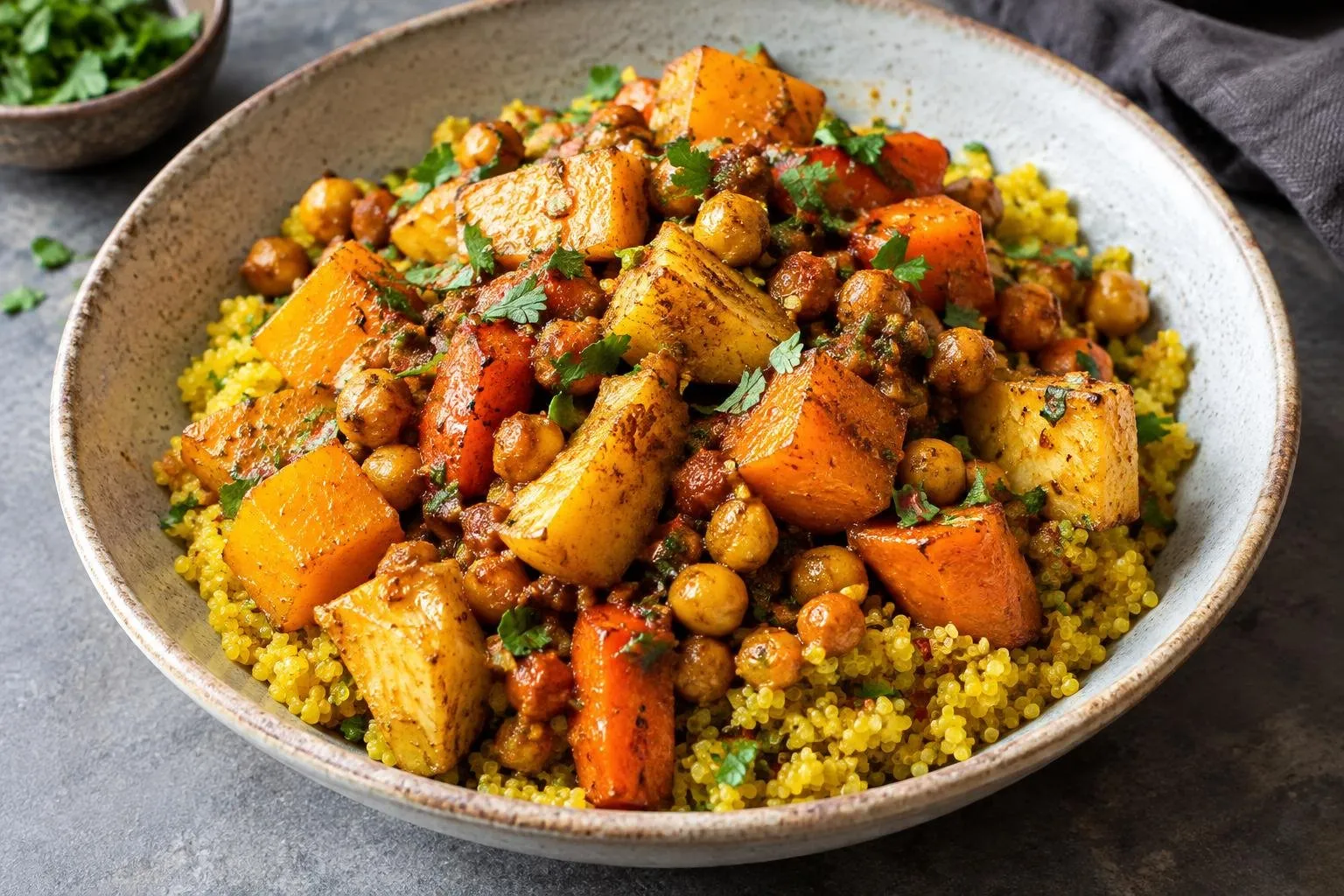Roasted Autumn Root Vegetable and Chickpea Tagine with Saffron Quinoa plated and ready to serve