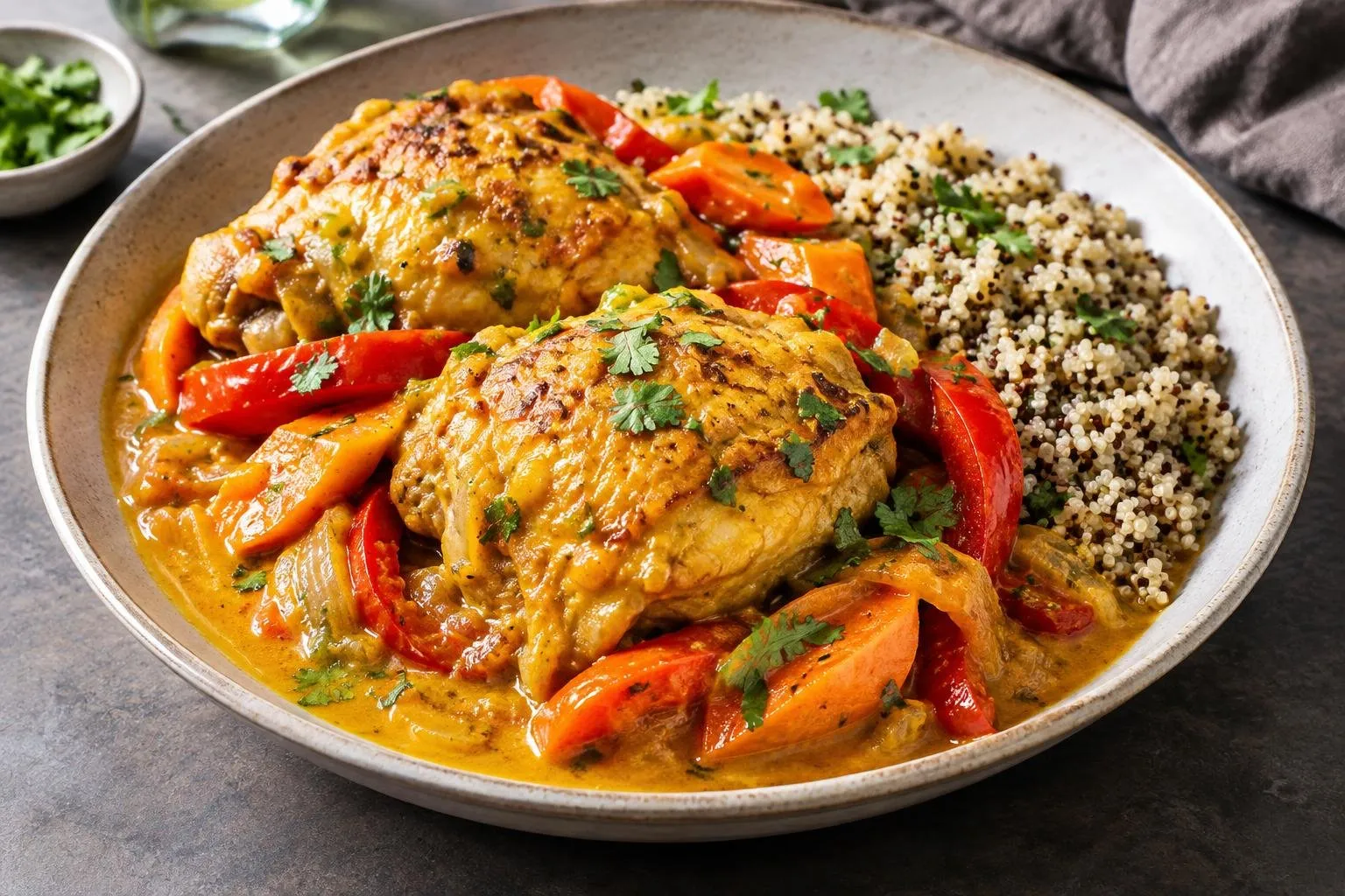 Peruvian-Style Slow-Braised Chicken with Aji Amarillo Sauce plated and ready to serve