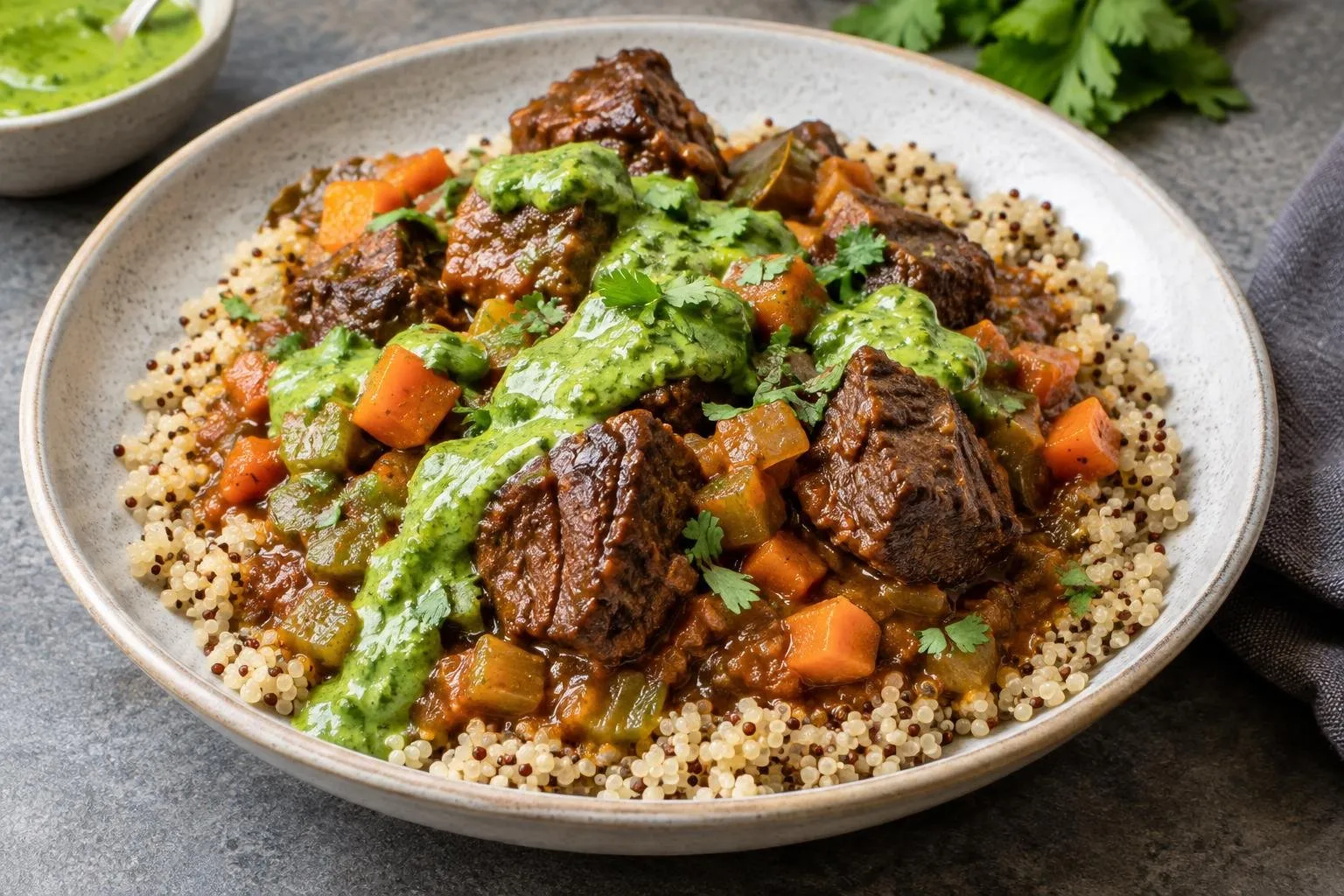 Peruvian-Style Slow Braised Beef with Quinoa and Aji Verde plated and ready to serve