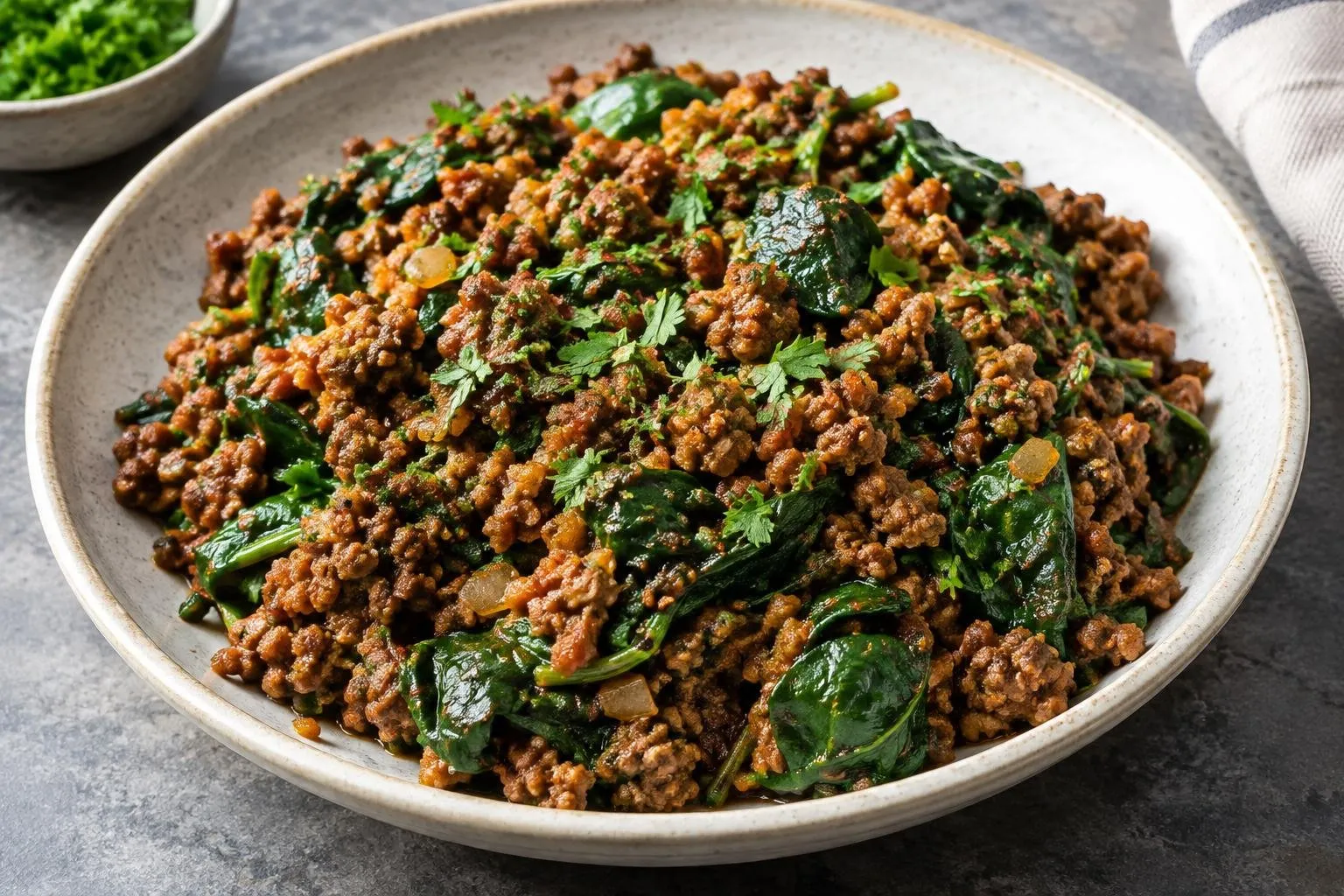 Lebanese Lamb and Spinach Kibbeh Stir-Fry plated and ready to serve