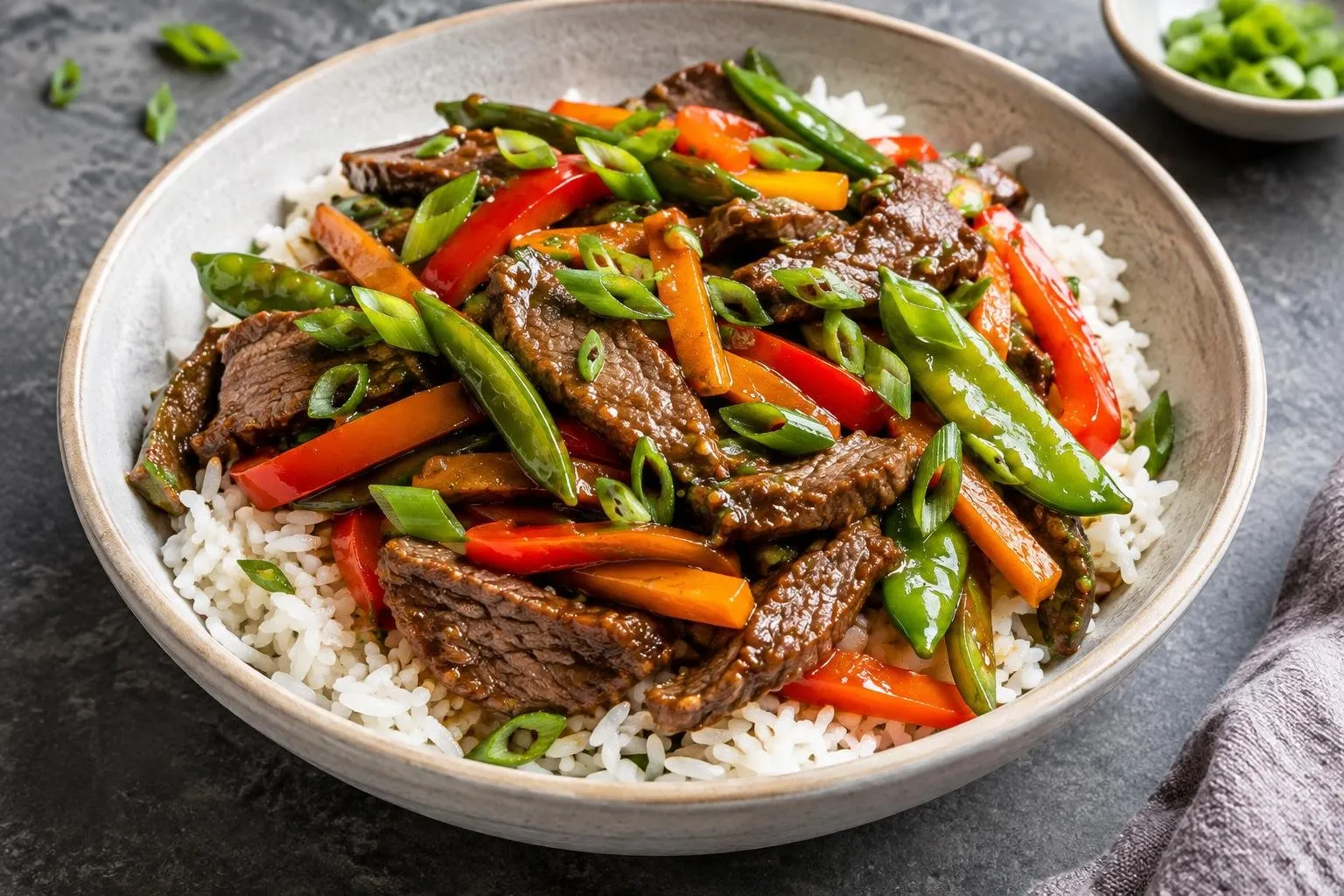 Indonesian-Inspired Beef and Vegetable Stir-Fry Grain Bowl plated and ready to serve