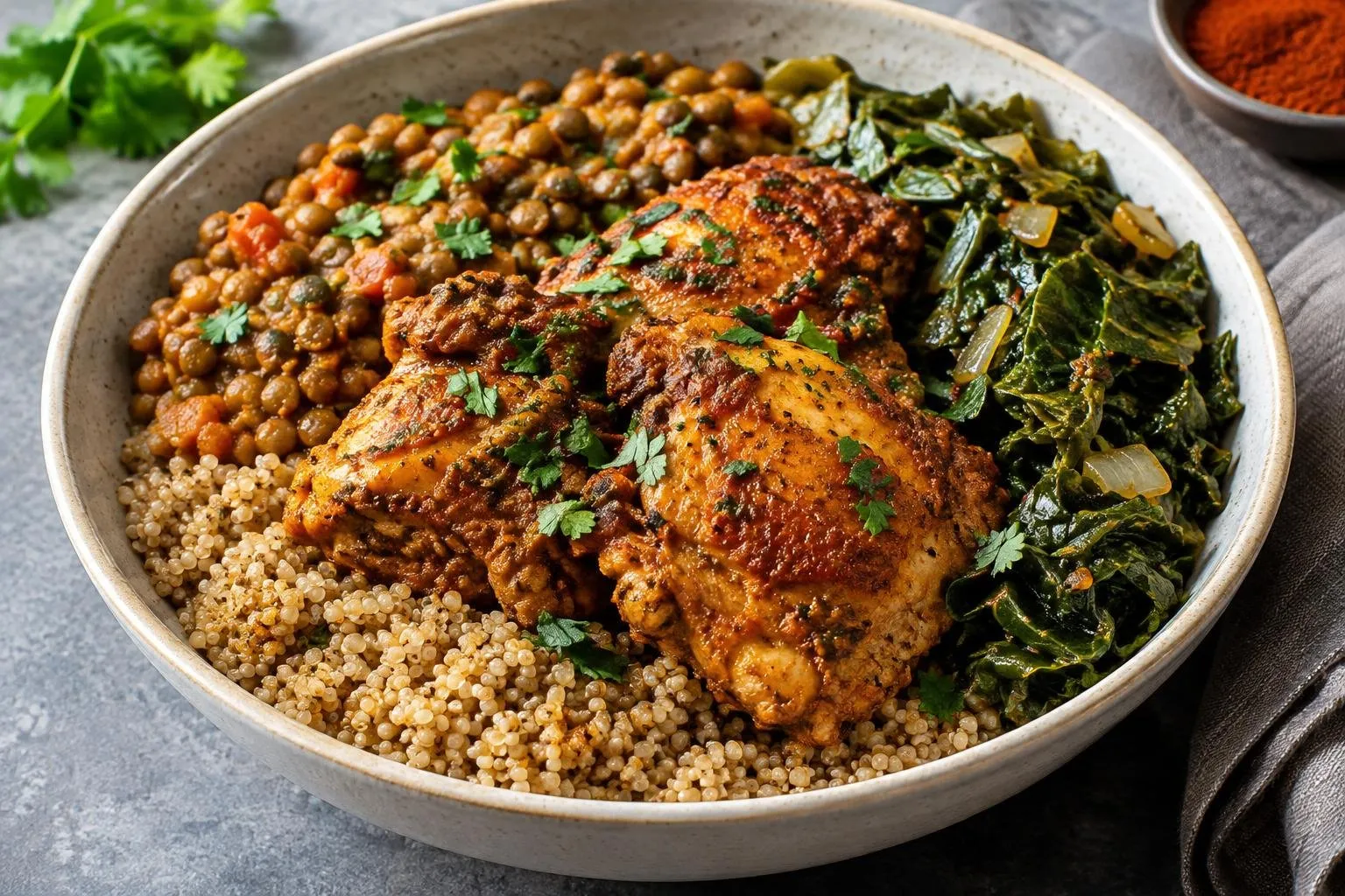 Ethiopian-Inspired Pressure-Cooked Chicken and Teff Grain Bowl plated and ready to serve