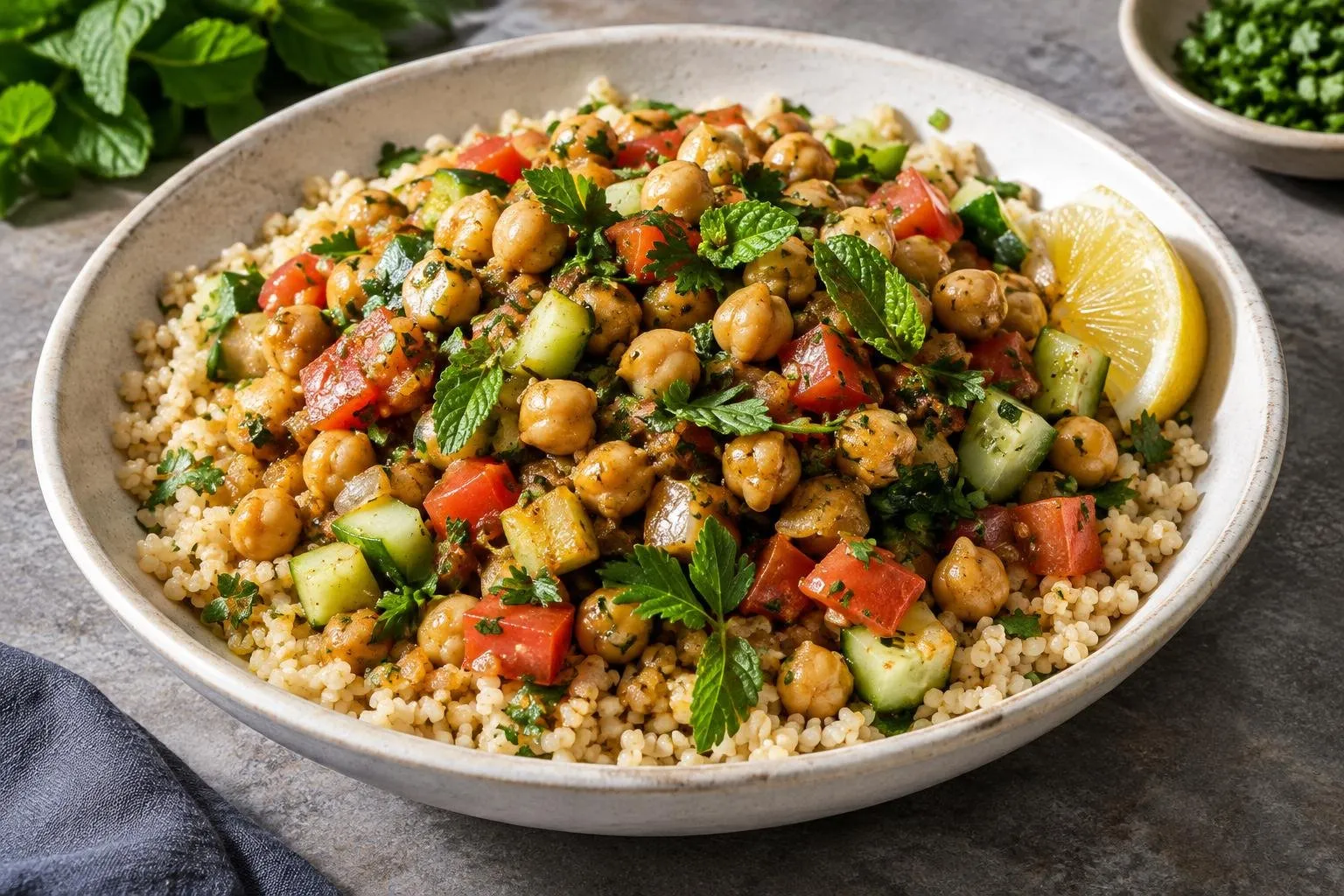 Lebanese Chickpea and Herb Stir-Fry Grain Bowl plated and ready to serve