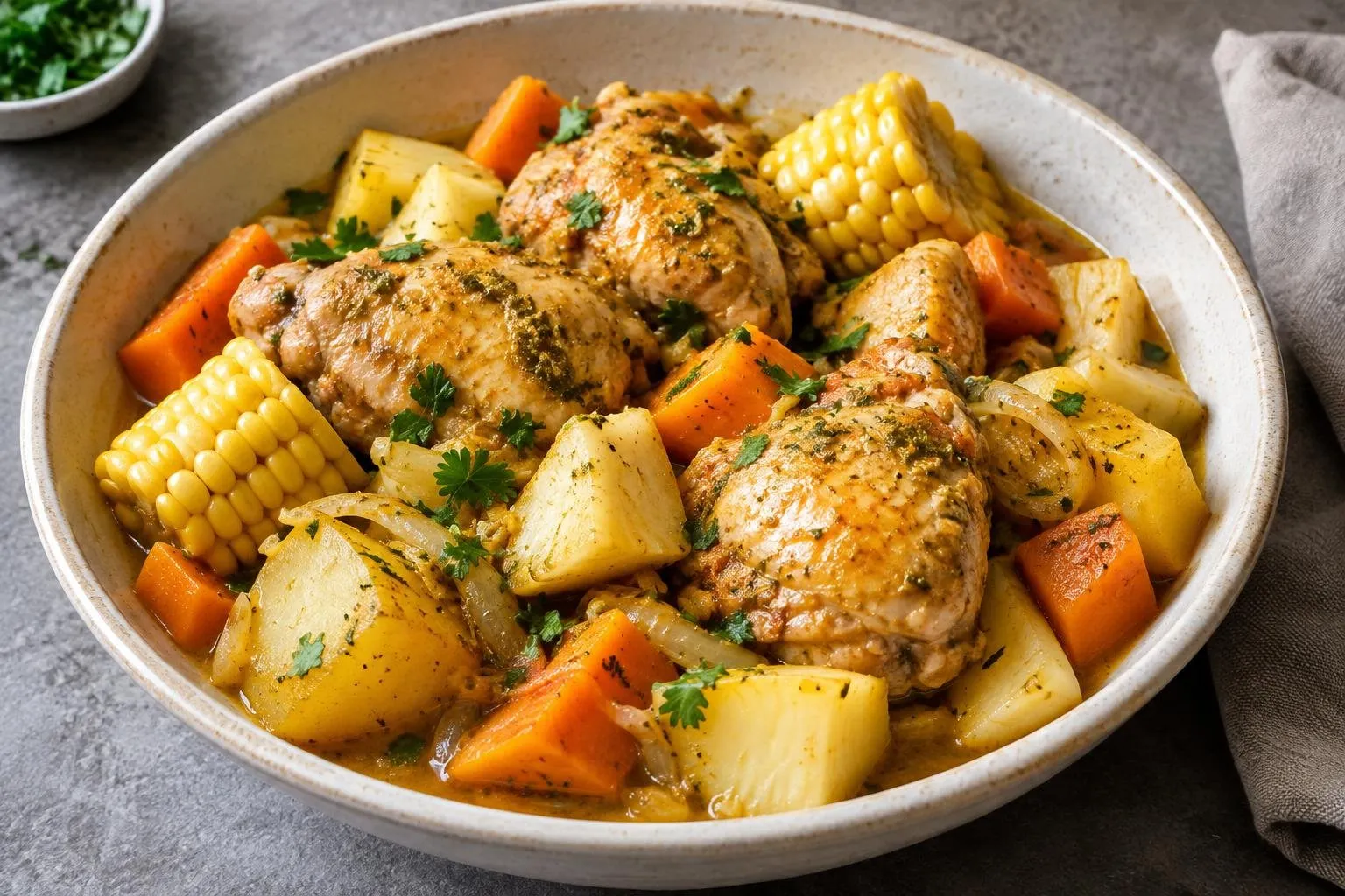 Peruvian-Style Steamed Chicken with Seasonal Vegetables plated and ready to serve