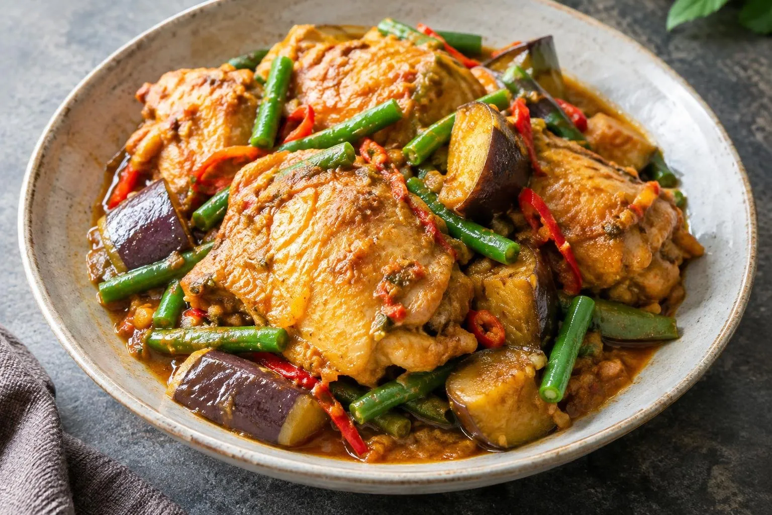 Slow-Braised Indonesian Ayam Bumbu Rujak plated and ready to serve