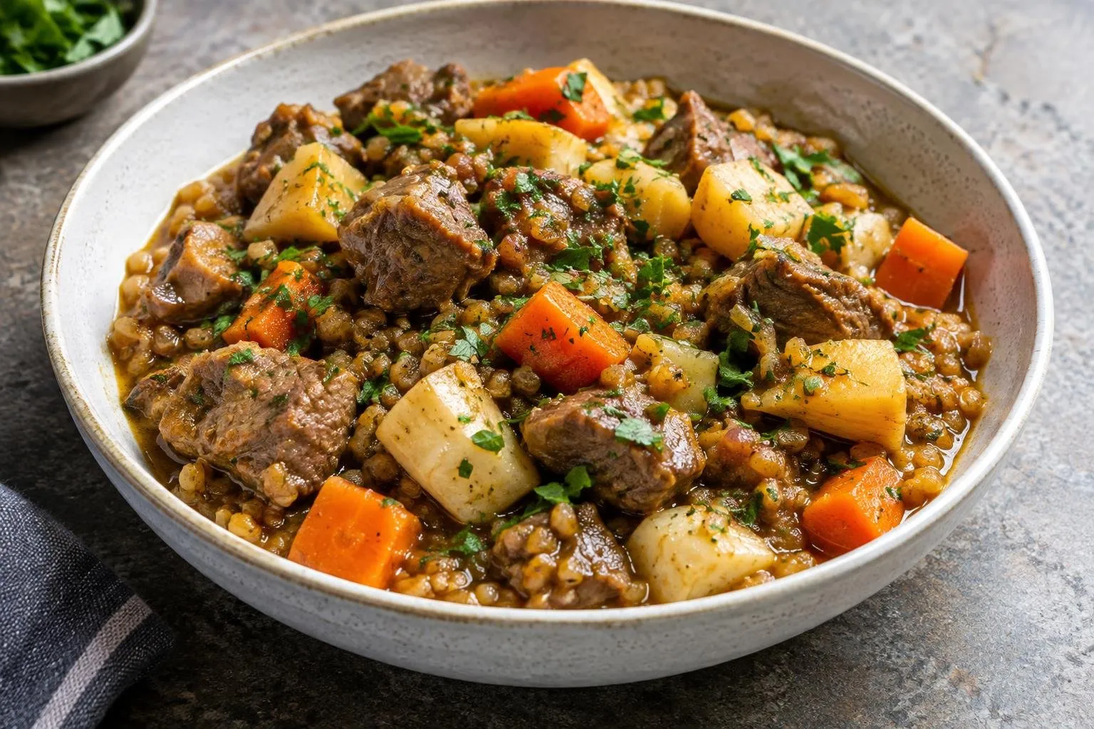 Lebanese Lamb and Freekeh Stew with Root Vegetables plated and ready to serve