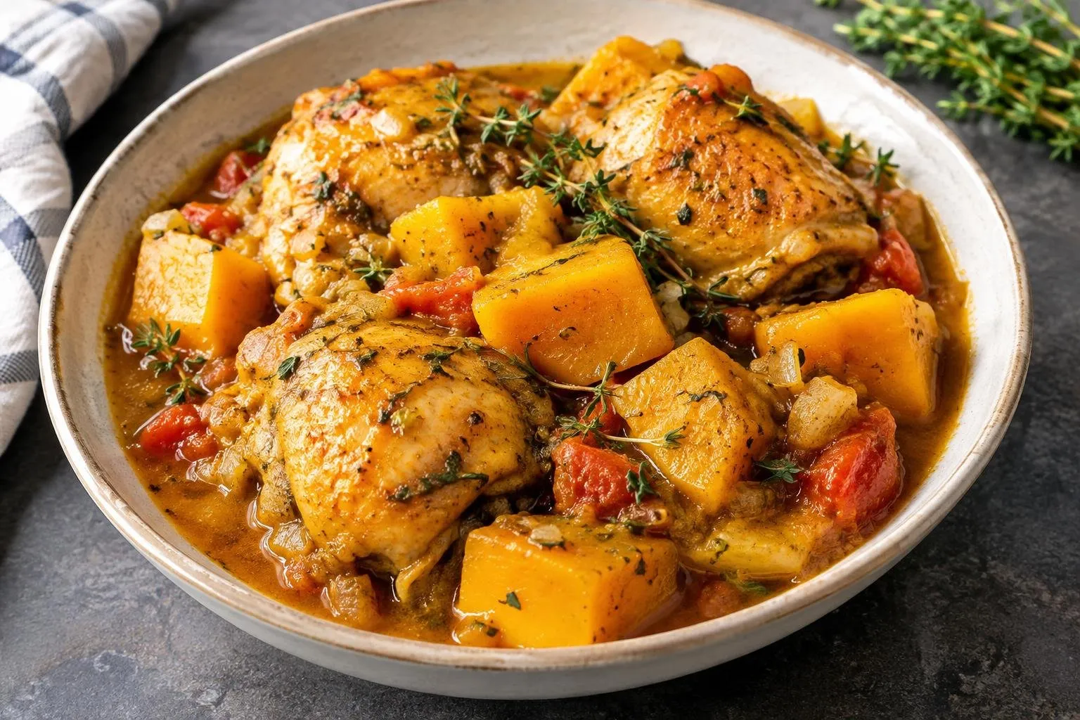 Caribbean Pressure-Cooked Chicken and Pumpkin Stew plated and ready to serve