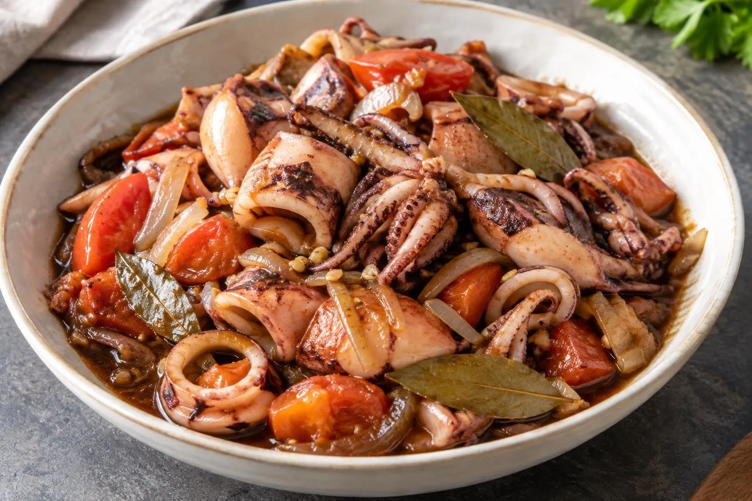 Adobong Pusit (Filipino Braised Squid) plated and ready to serve