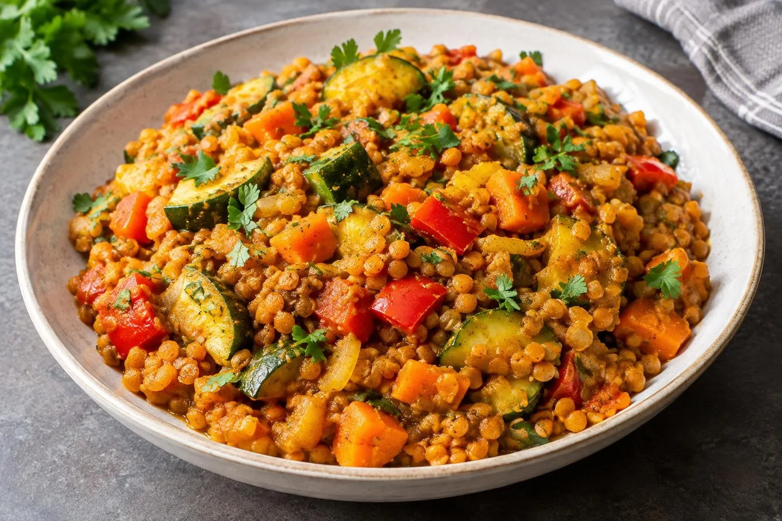 Ethiopian-Inspired Steamed Lentil and Vegetable Tibs plated and ready to serve
