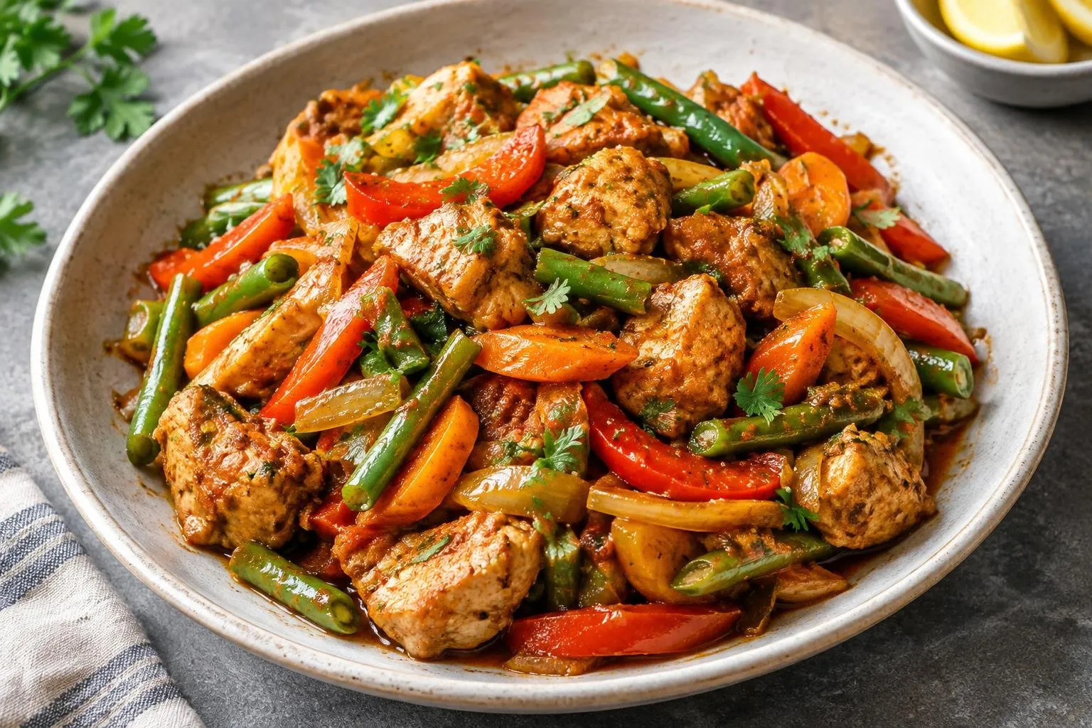 Ethiopian-Inspired Steamed Chicken and Vegetable Skillet plated and ready to serve