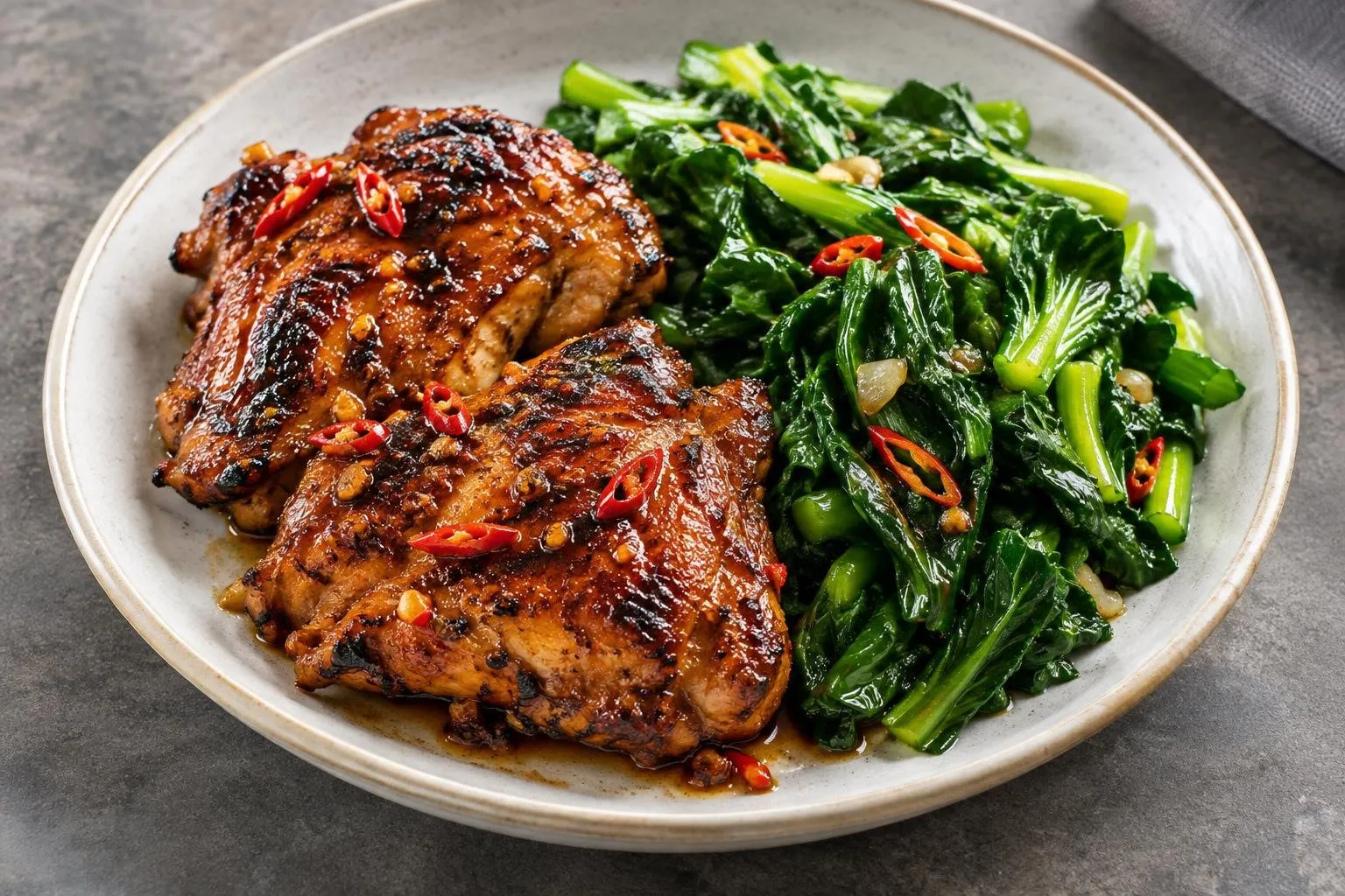 Indonesian Chicken Bakar Skillet Supper with Seasonal Greens plated and ready to serve