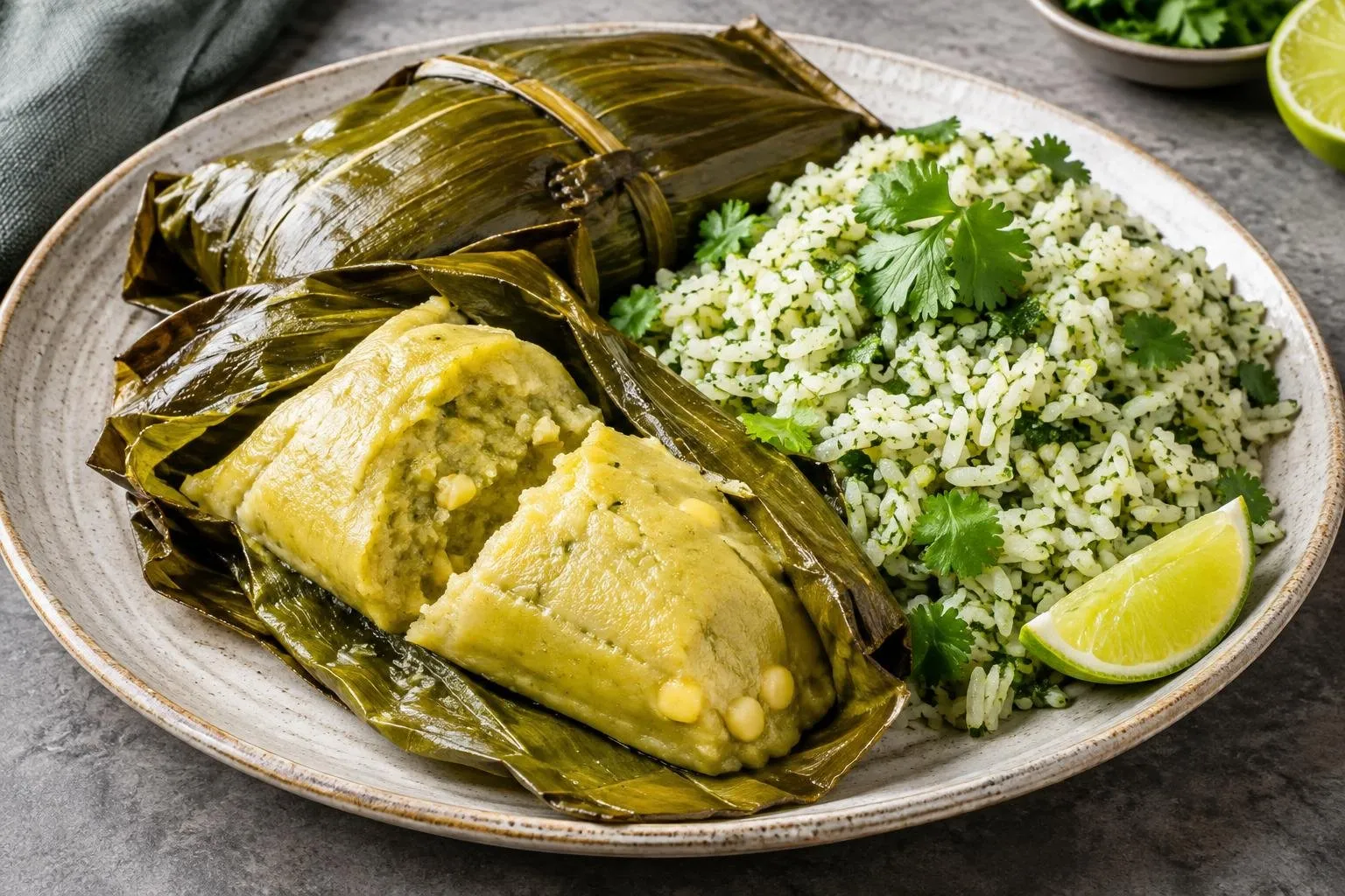Peruvian Tamalitos Verdes with Cilantro-Lime Rice plated and ready to serve