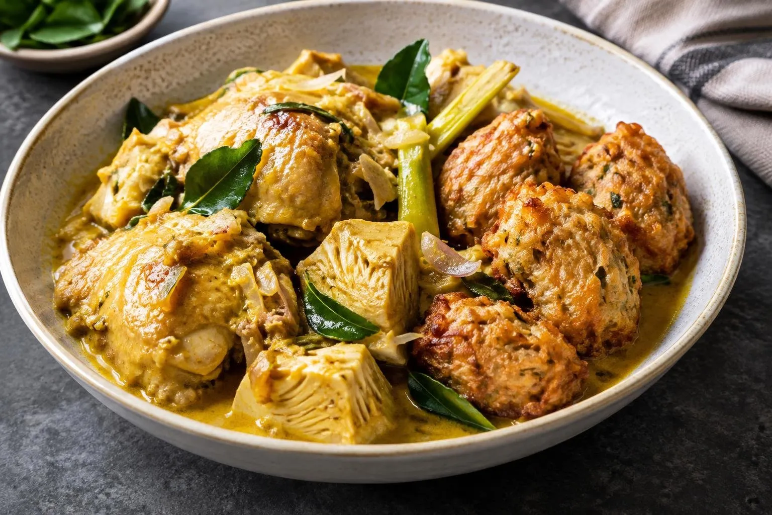 Balinese Braised Chicken with Crispy Tempeh Dumplings plated and ready to serve
