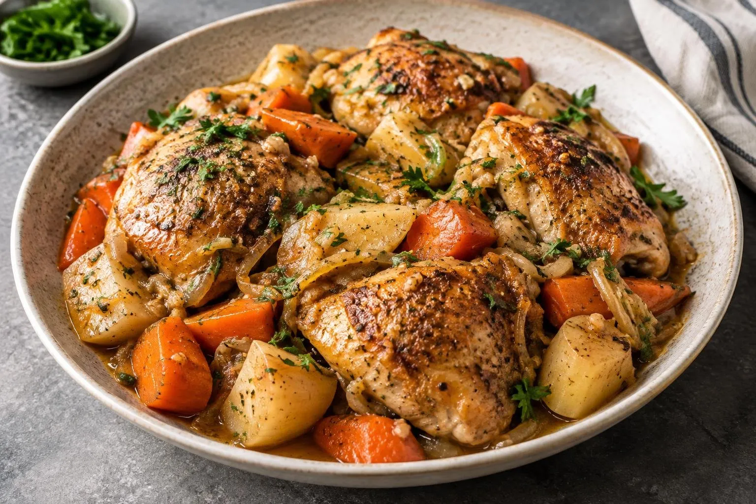 Lebanese Braised Chicken with Seasonal Root Vegetables plated and ready to serve