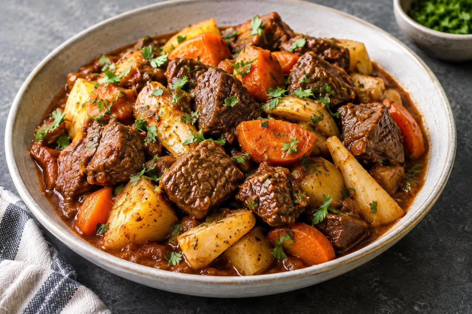 Ethiopian Slow-Braised Beef Tibs with Seasonal Root Vegetables plated and ready to serve