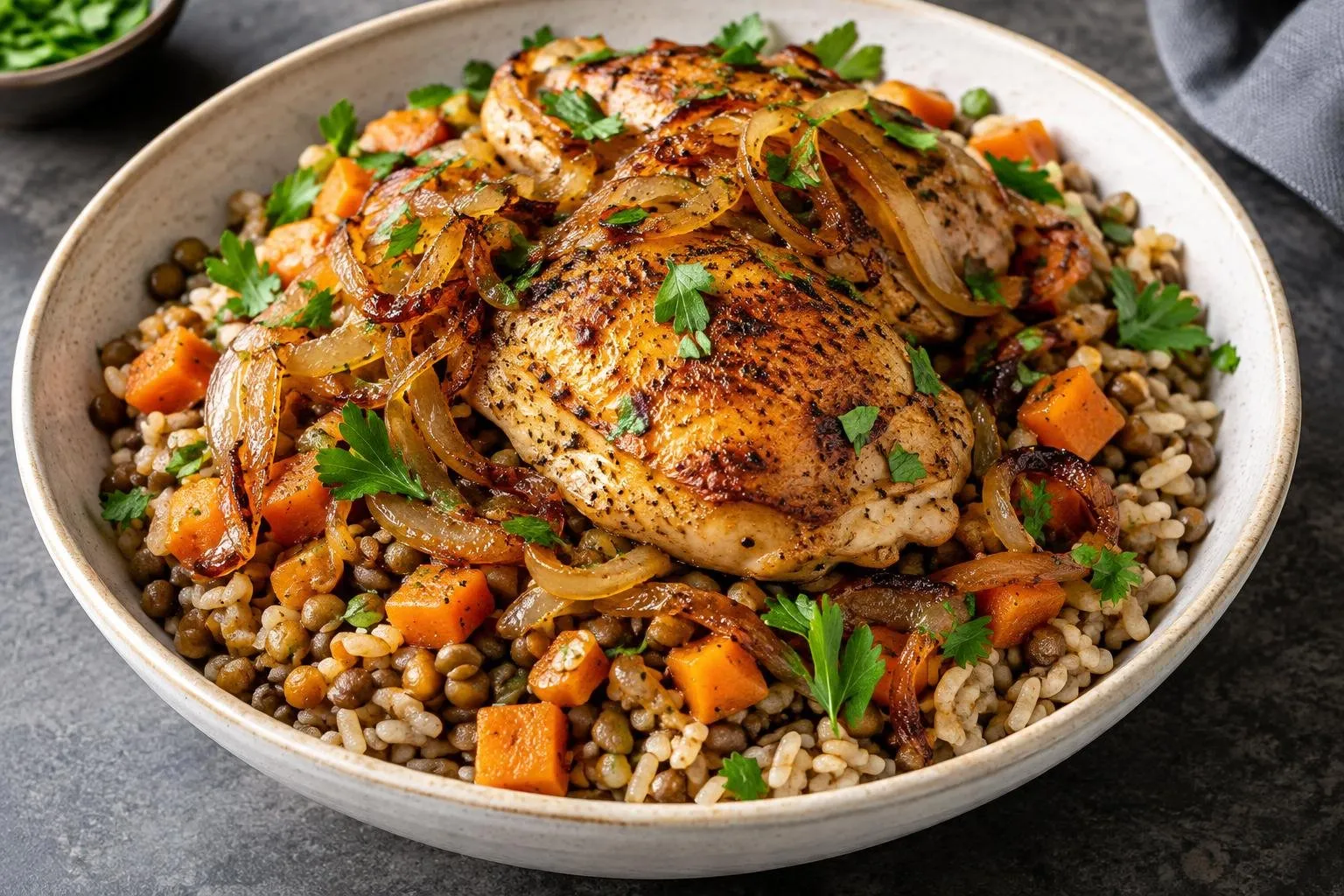 Lebanese Chicken Mujaddara Grain Bowl plated and ready to serve