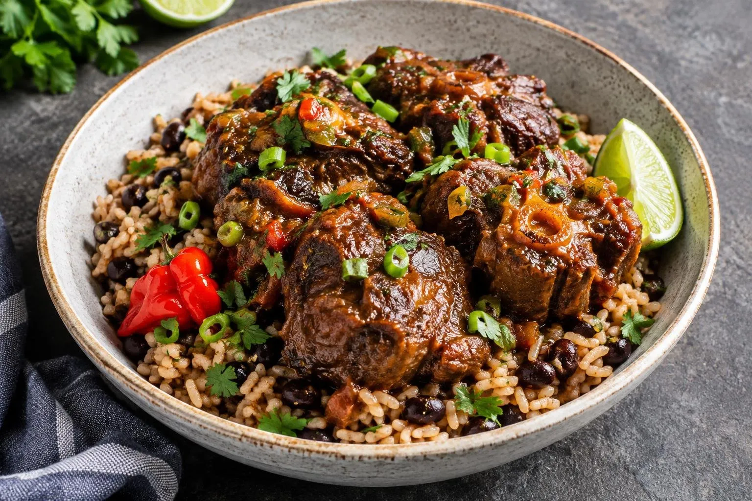 Slow-Braised Caribbean Oxtail with Black Beans and Rice Grain Bowl plated and ready to serve