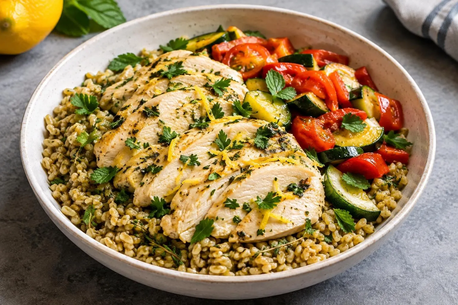 Lemon Herb Steamed Chicken with Freekeh Grain Bowl plated and ready to serve