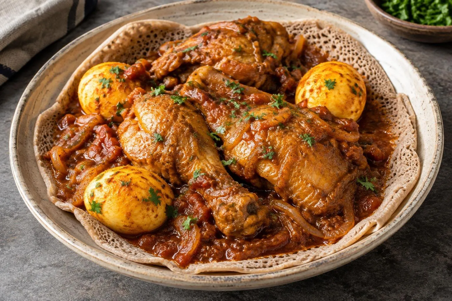 Ethiopian Doro Wat Pressure-Cooked Chicken Stew plated and ready to serve