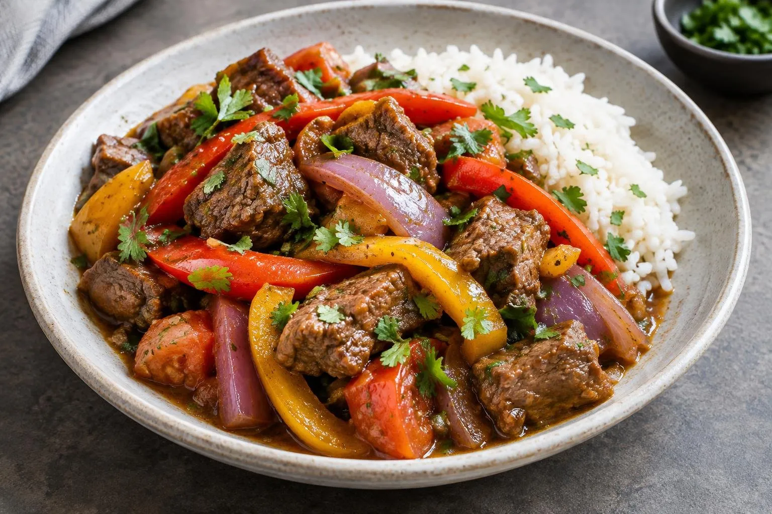 Peruvian-Style Lomo Saltado Stew with Pressure-Cooked Beef plated and ready to serve