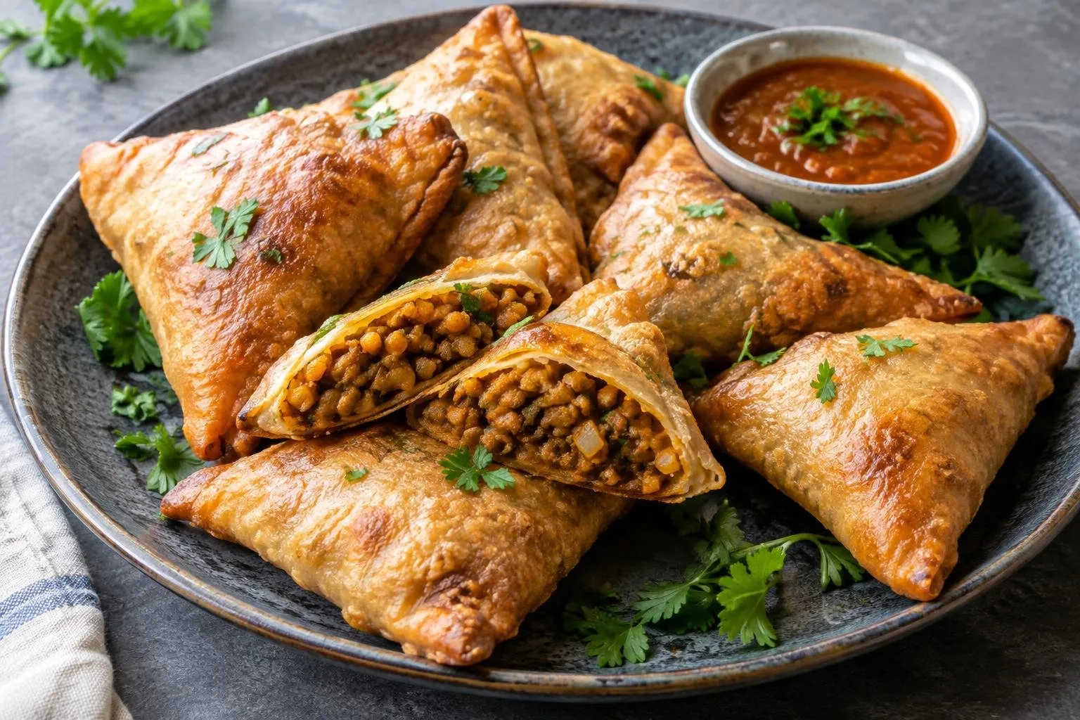 Ethiopian-Inspired Pressure-Cooked Lentil Sambusas plated and ready to serve