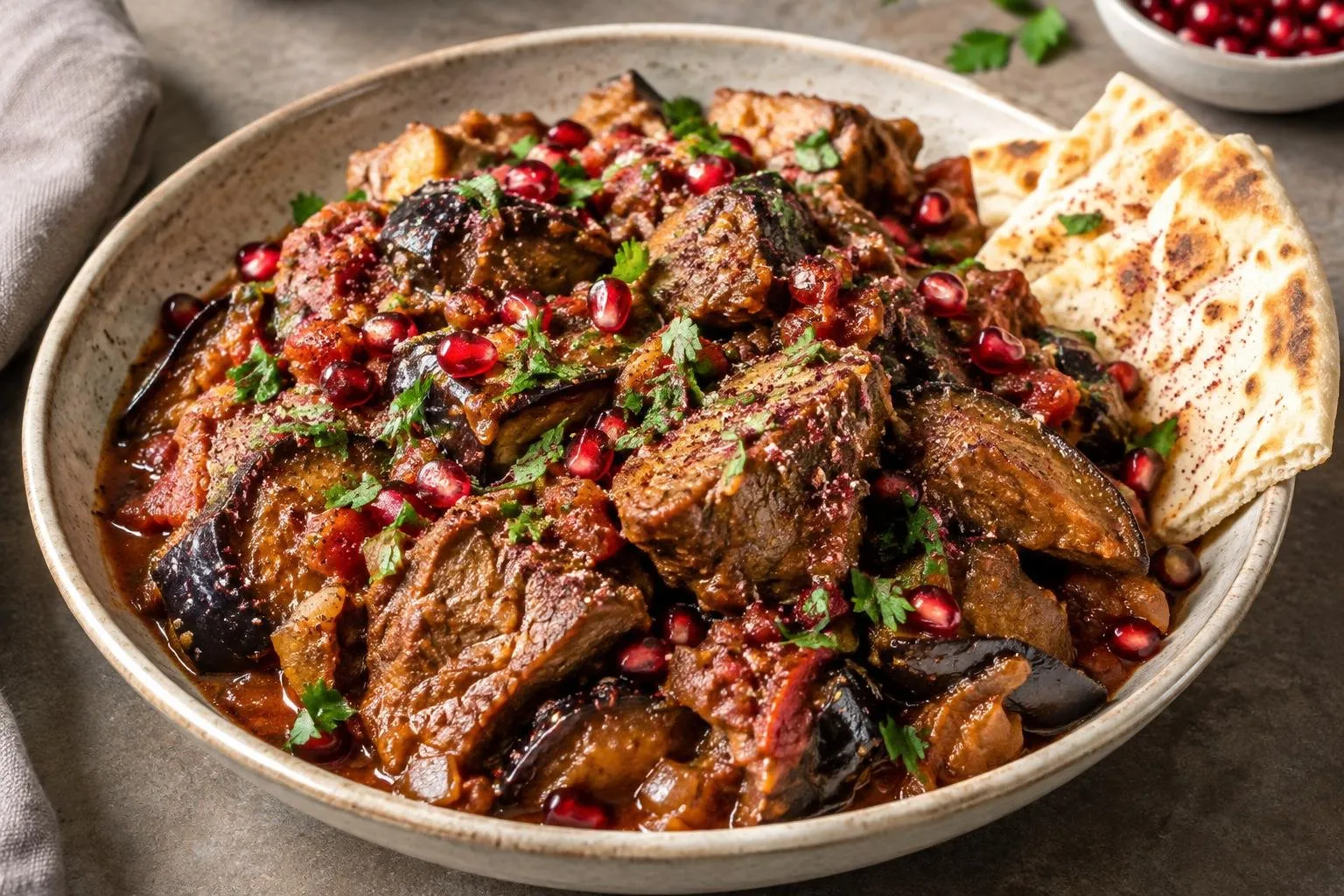Lebanese Lamb and Eggplant Stew with Sumac and Pomegranate plated and ready to serve