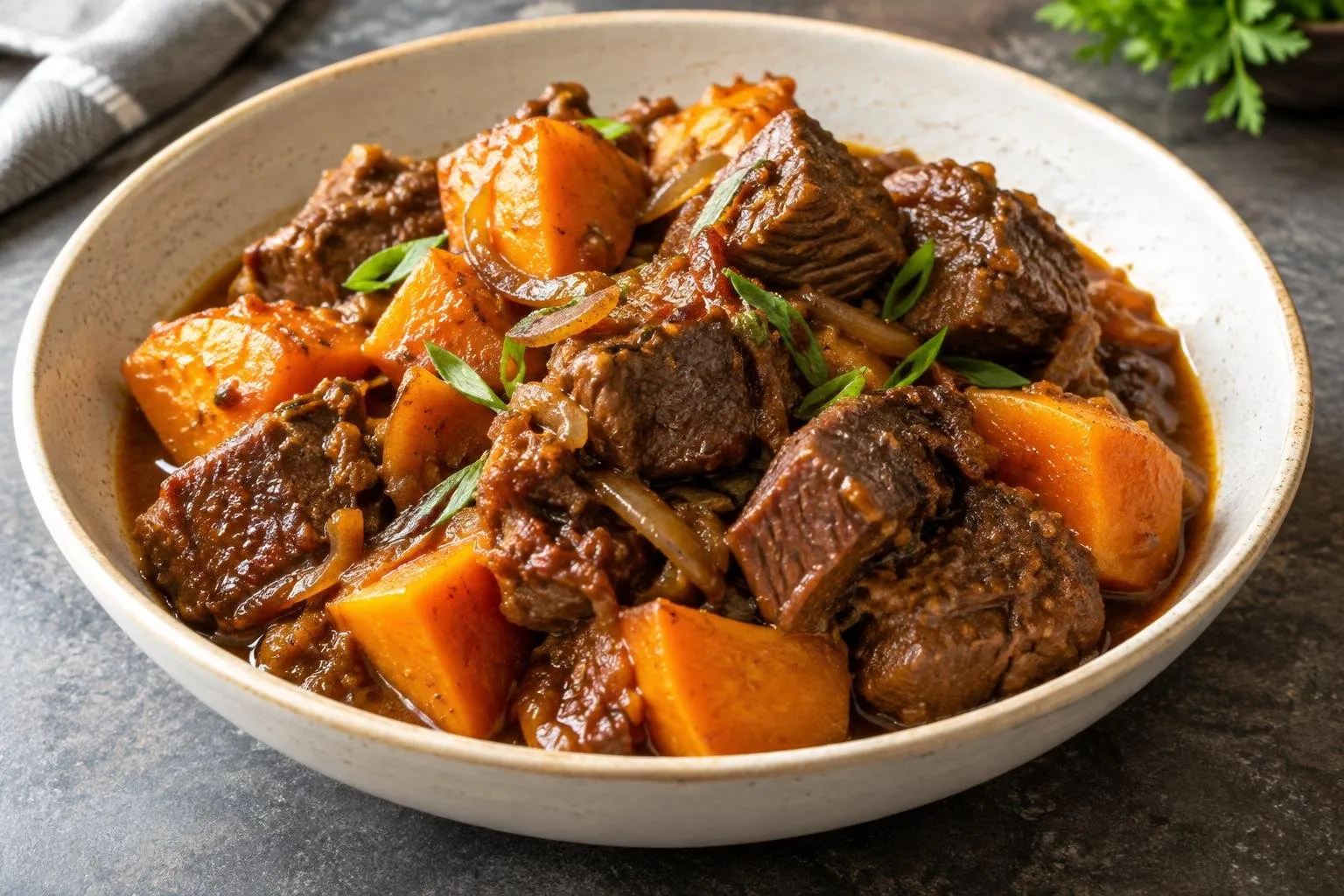 Pressure-Cooked Indonesian Beef Semur with Sweet Potatoes plated and ready to serve