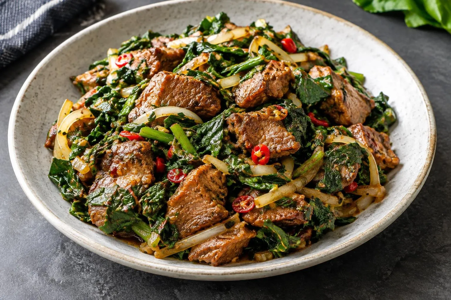 Jamaican Pepperpot Stir-Fry with Callaloo and Pork plated and ready to serve