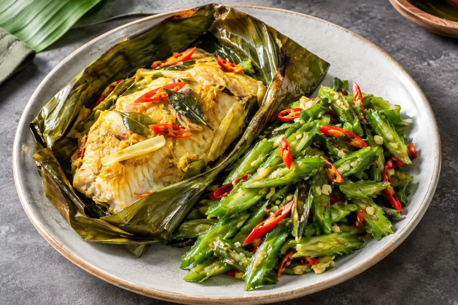 Indonesian Pepes Ikan with Seasoned Winged Beans plated and ready to serve