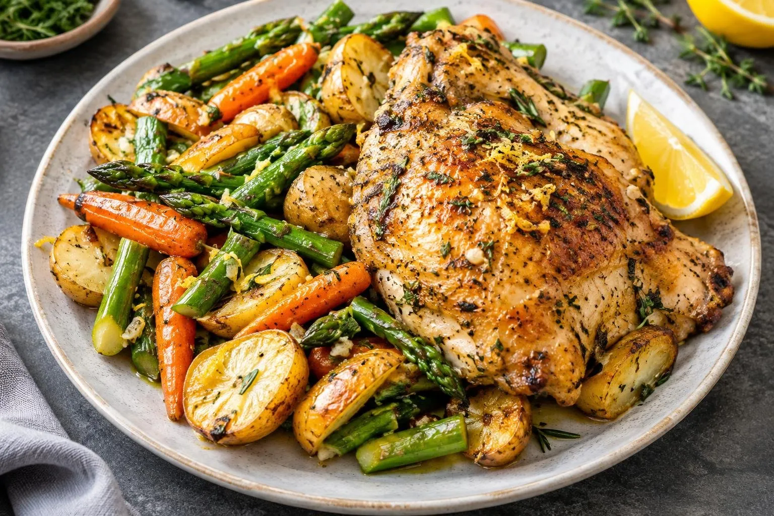 Garlic Herb Roasted Chicken with Spring Vegetables plated and ready to serve