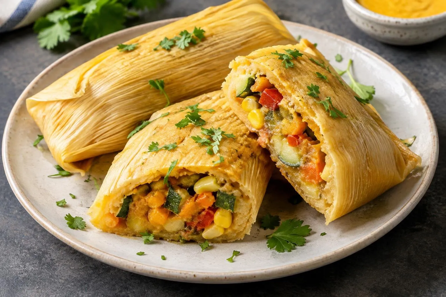 Steamed Peruvian Tamales with Seasonal Vegetables plated and ready to serve