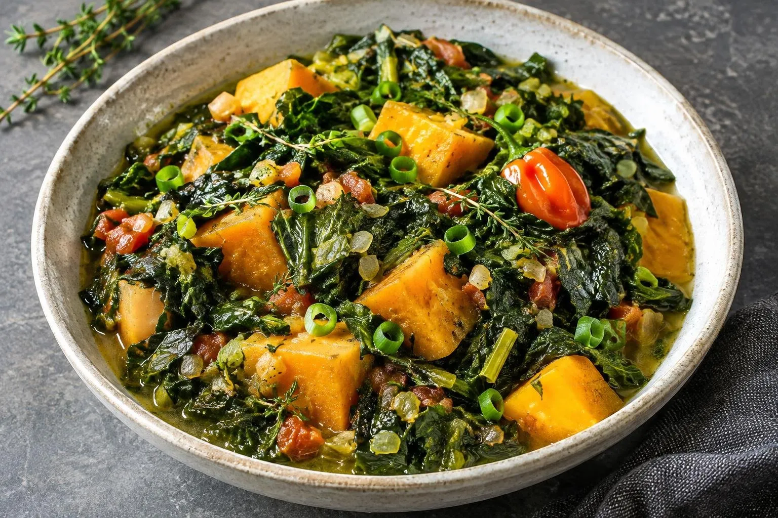 Caribbean Steamed Callaloo Stew with Sweet Potato plated and ready to serve