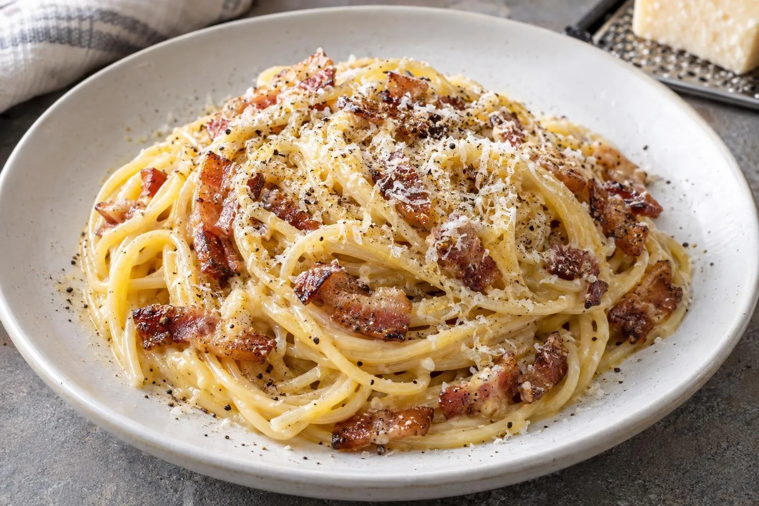 Spaghetti carbonara plated and ready to serve
