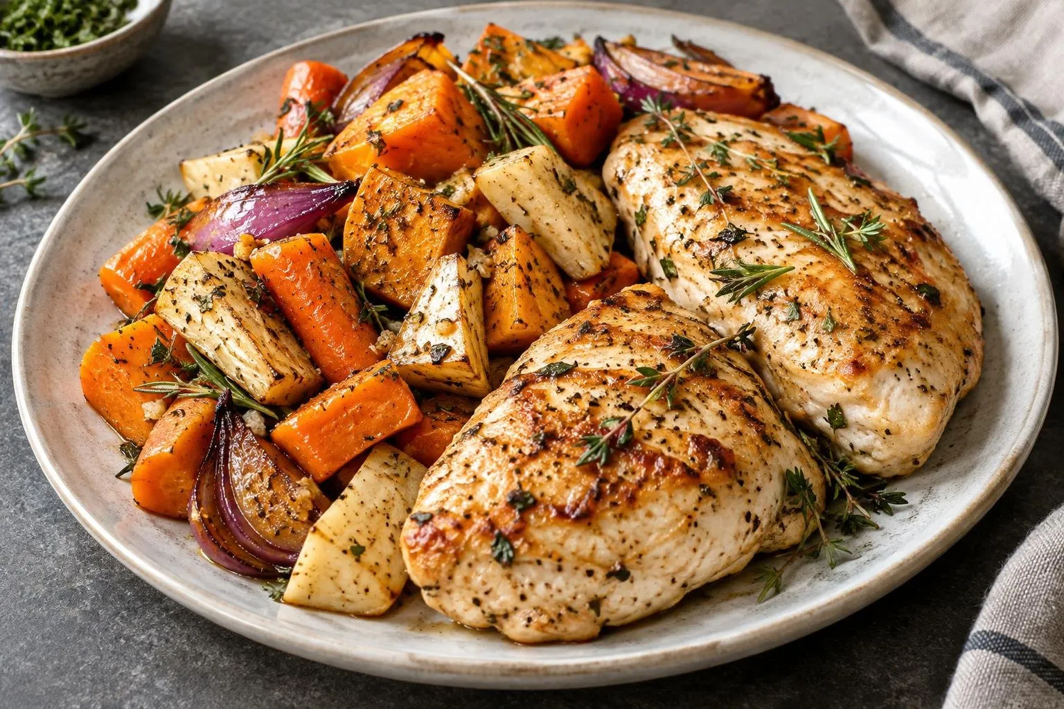 Pan-Seared Chicken with Roasted Autumn Vegetables plated and ready to serve