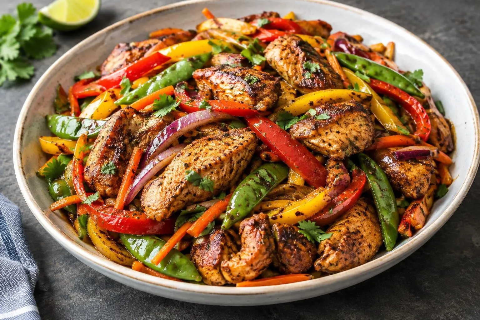 Caribbean Jerk Chicken Stir-Fry with Seasonal Vegetables plated and ready to serve