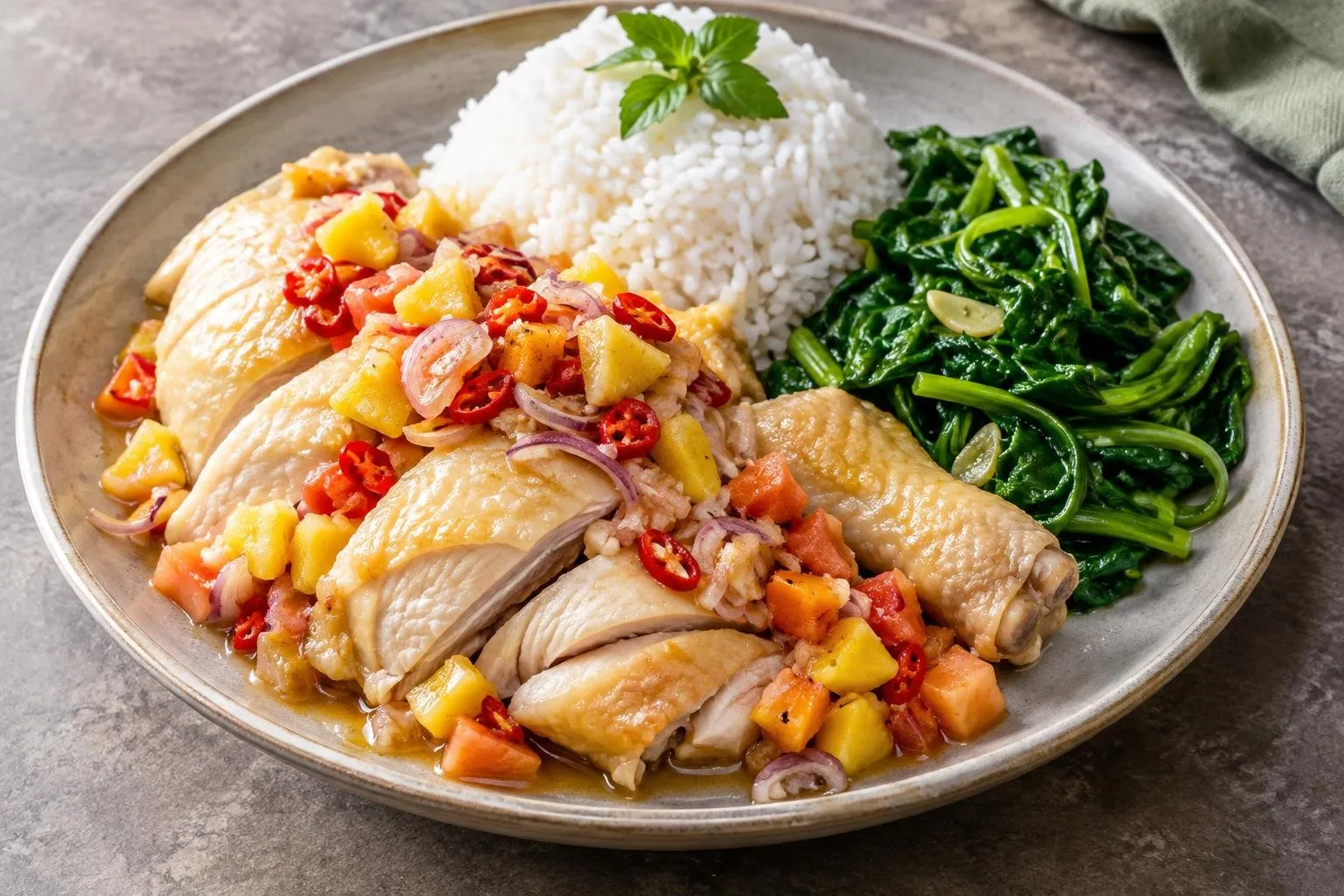 Indonesian Poached Chicken with Tropical Fruit Sambal plated and ready to serve
