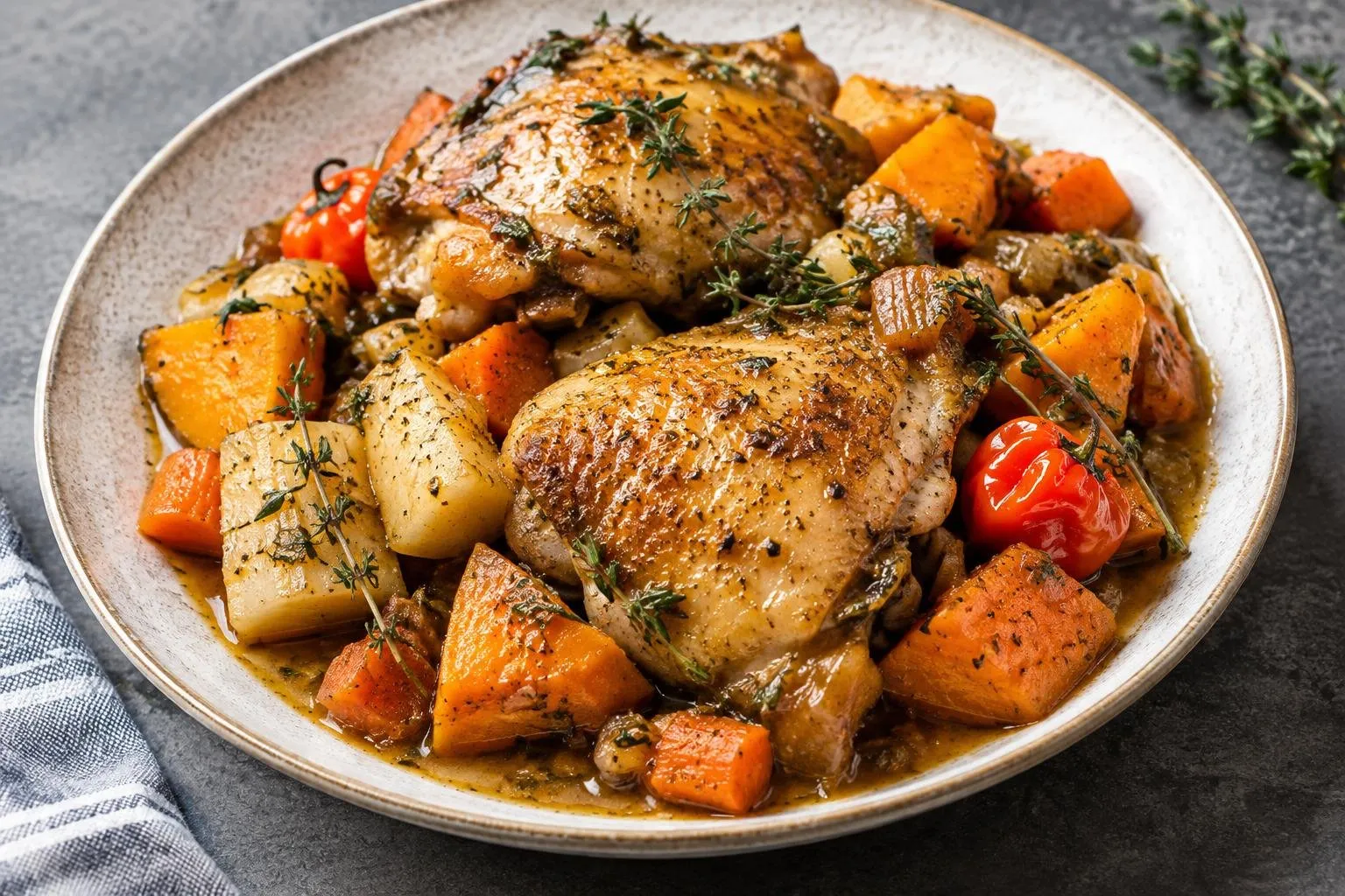 Caribbean Braised Chicken with Seasonal Root Vegetables plated and ready to serve