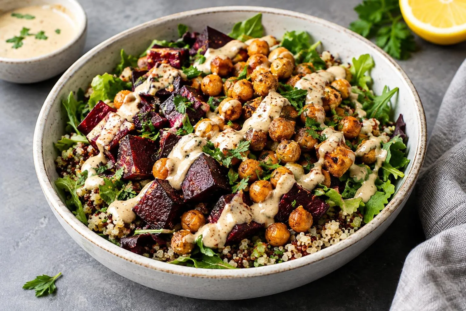 Roasted Beet and Chickpea Power Bowl with Tahini-Lemon Dressing plated and ready to serve