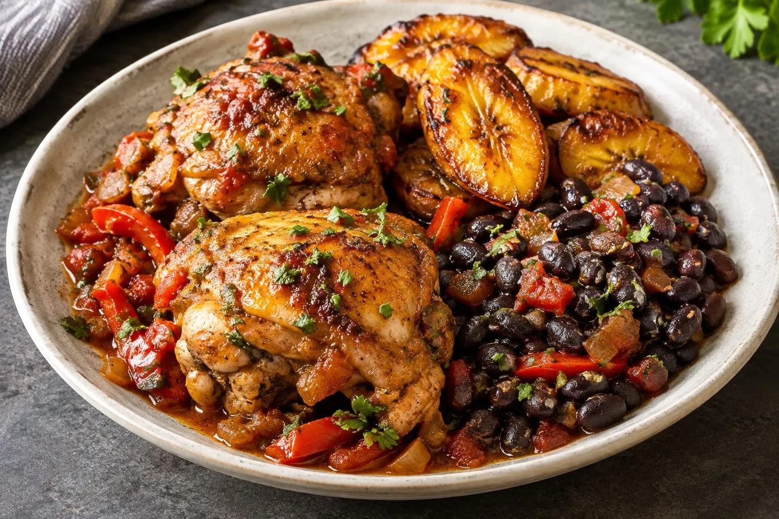 Caribbean Braised Chicken with Sweet Plantains and Black Beans plated and ready to serve